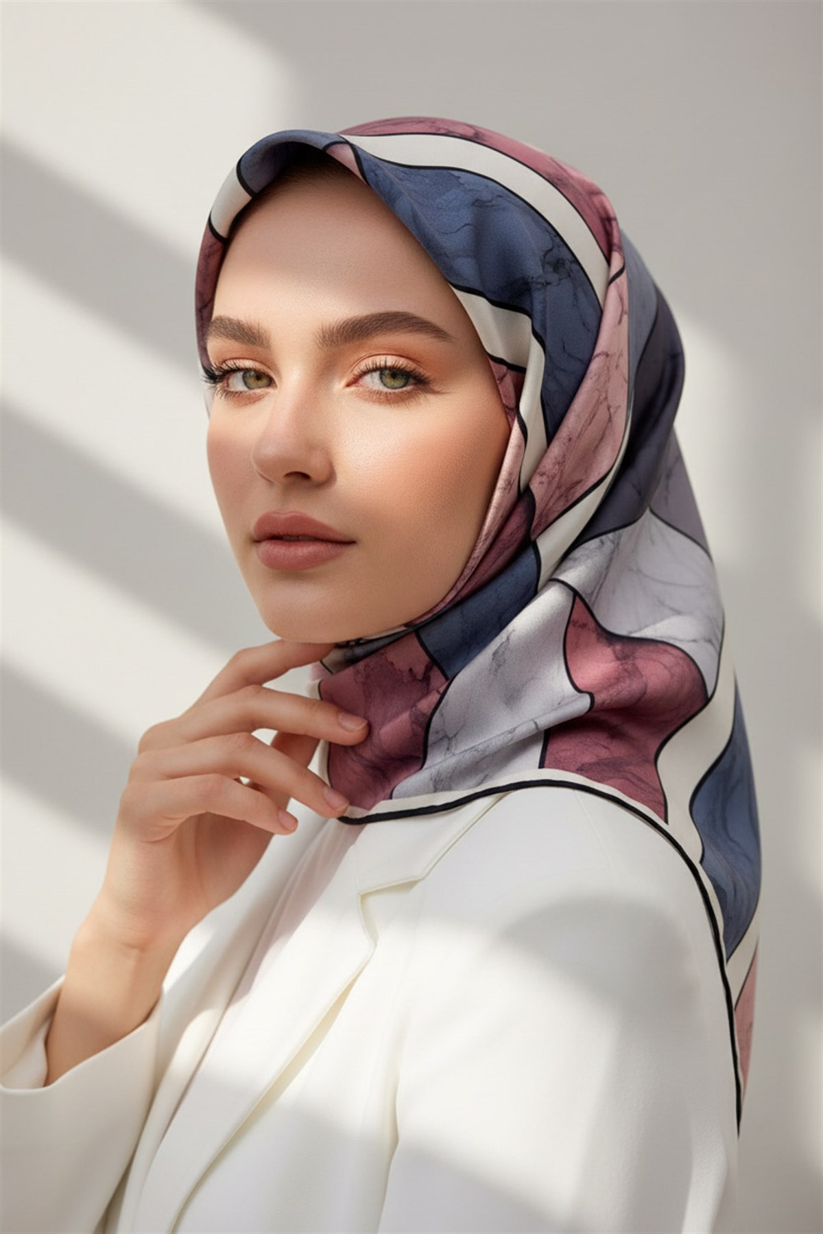 %100 Twill İpek Geometrik Mermer Desenli Pudra - Bebe Mavisi Renkli 90x90 Eşarp Dikim Şekli : El Dikişi