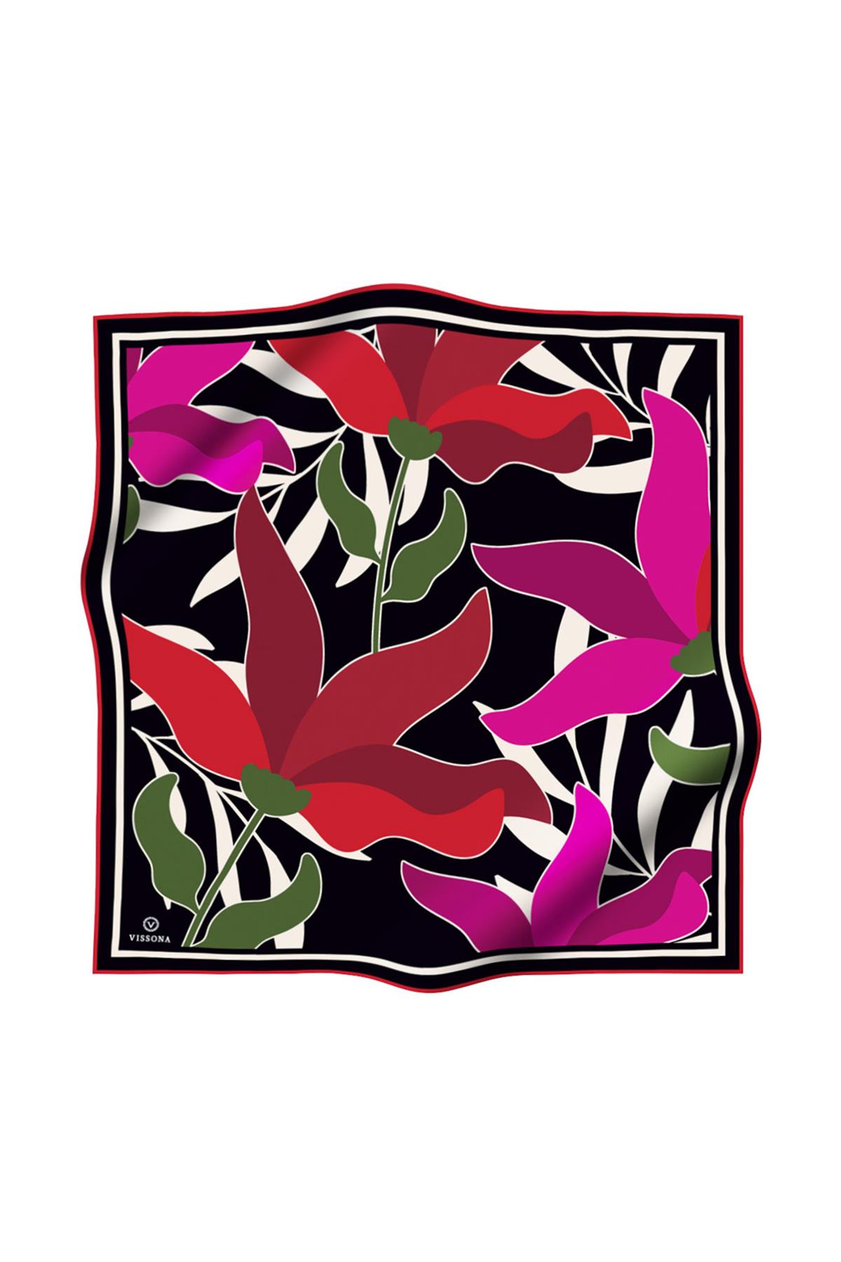 %100 Twill İpek Yaprak Desenli Kırmızı - Pembe Renkli 90x90 Eşarp Dikim Şekli : El Dikişi