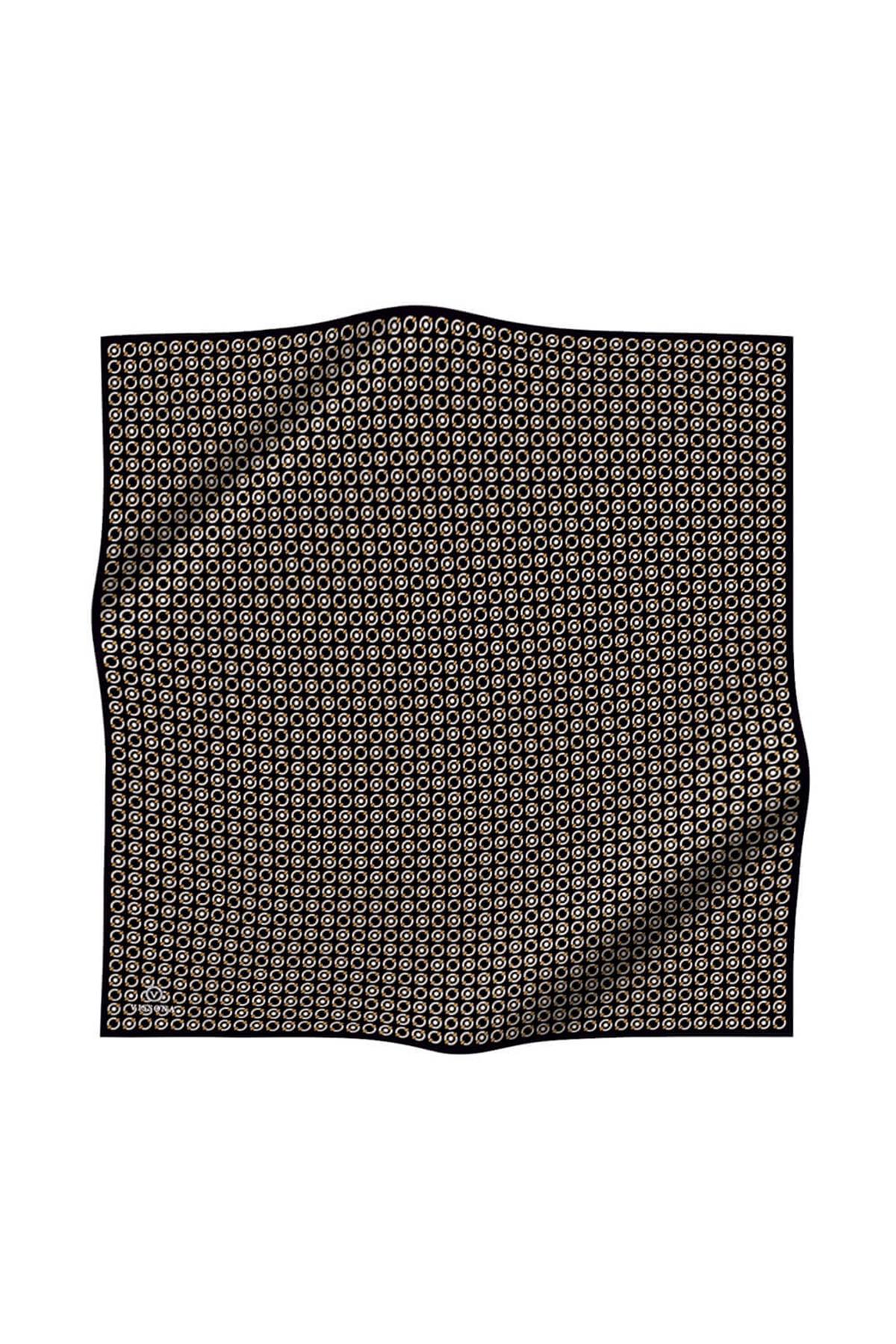 %100 Twill İpek Zincir Desenli Siyah - Krem Renkli 90x90 Eşarp Kenar Dikiş Şekli El Dikişli