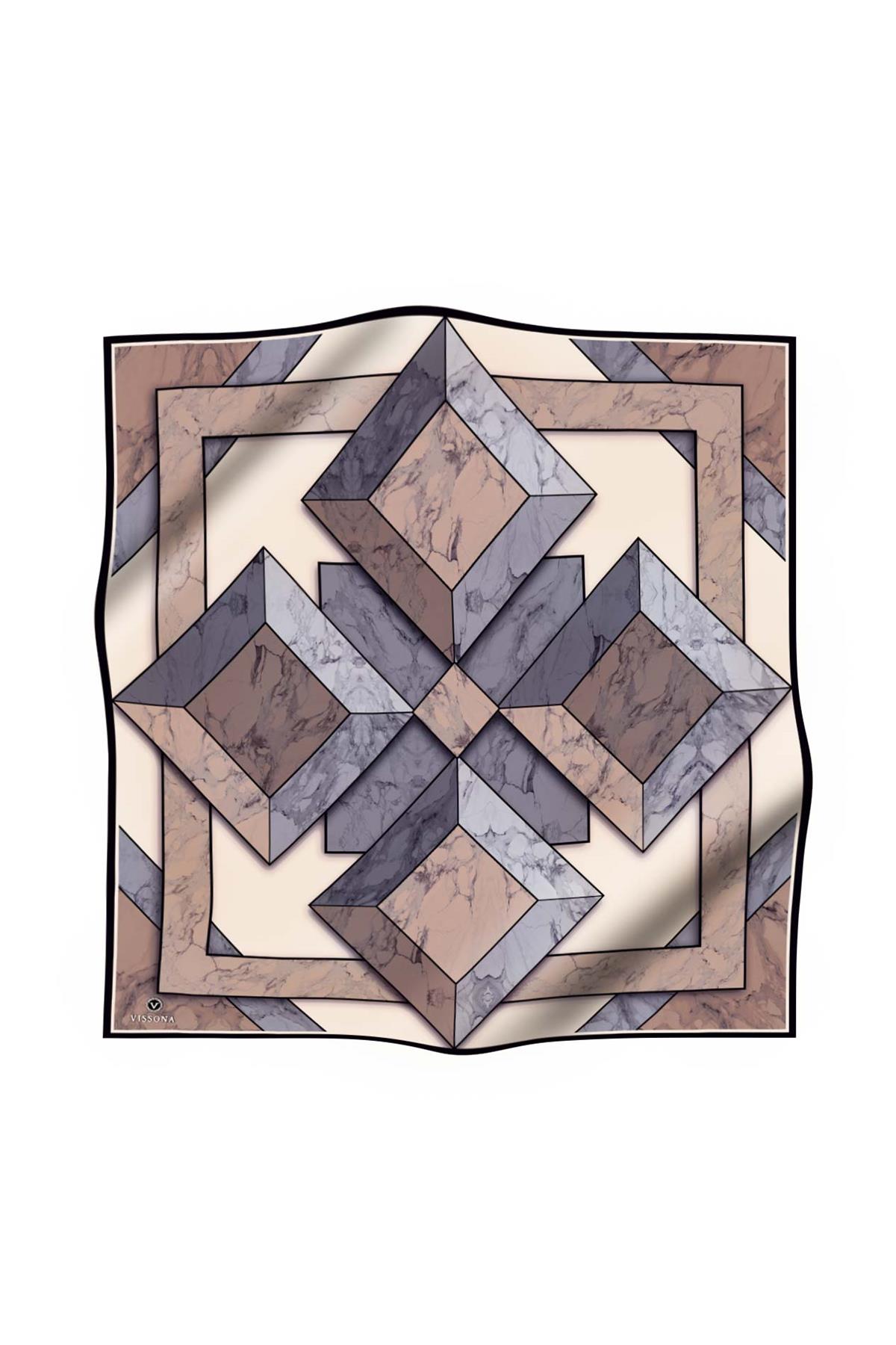 %100 Twill İpek Mermer Desenli Bej - Gri Renkli 90x90 Eşarp Dikim Şekli : El Dikişi