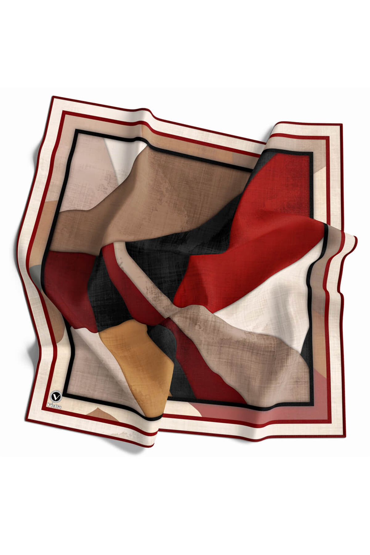 Twill Geometrik Desenli Bordo Renkli 90x90 Eşarp (İpek İçermez) Kenar Dikiş Şekli El Dikişli