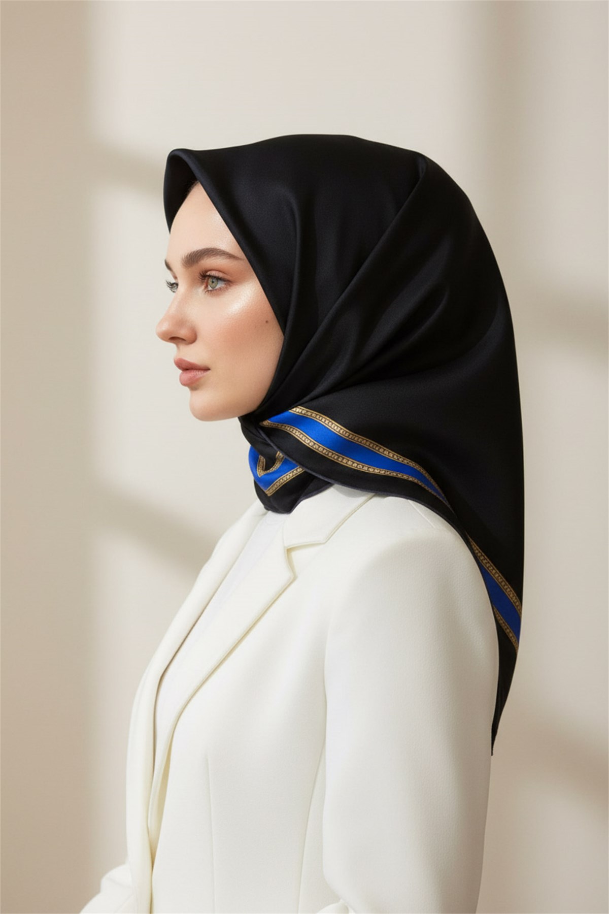 % 57 İPEK % 43 VİSKON Twill İpek Dokulu Şerit Desenli Siyah - Saks Renkli 90x90 Eşarp Dikim Şekli : El Dikişi