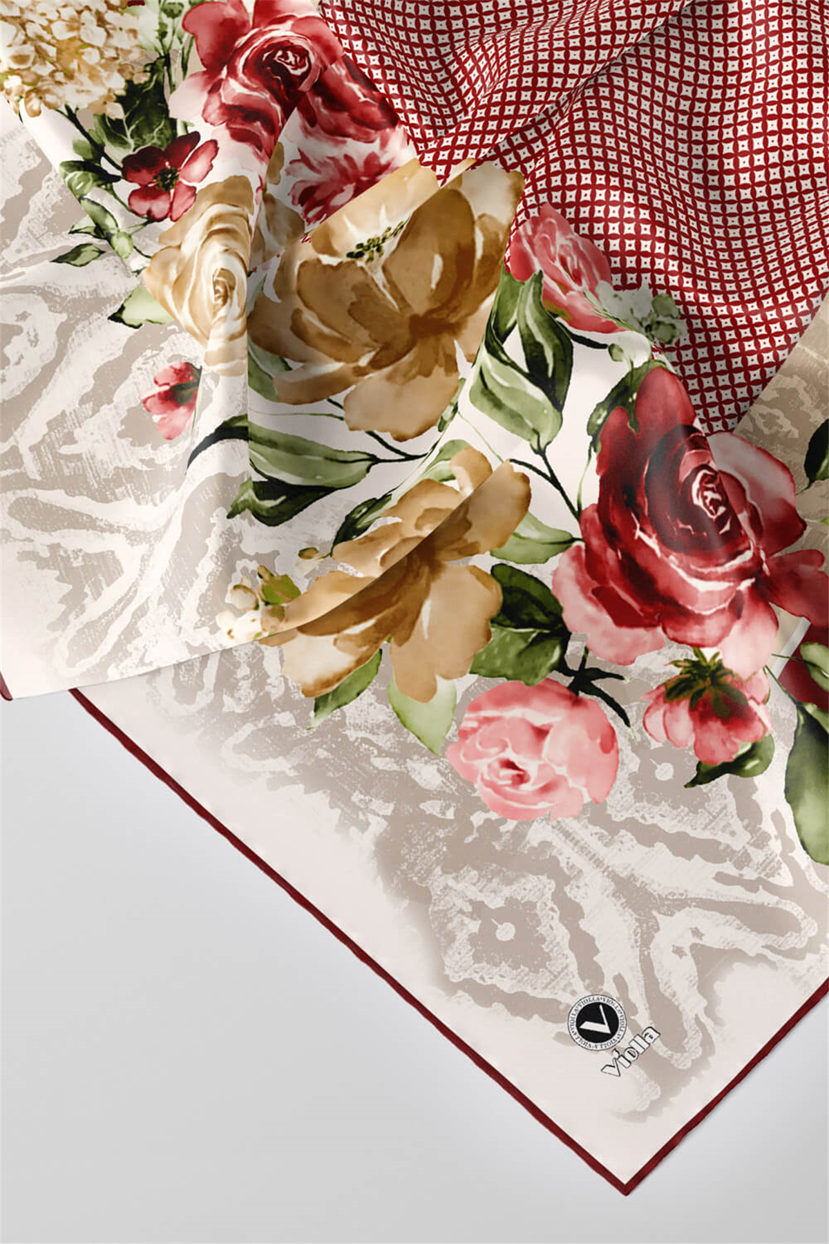 Twill Çiçek Desenli Bordo Renkli 90x90 Eşarp (İpek İçermez) Kenar Dikiş Şekli El Dikişli
