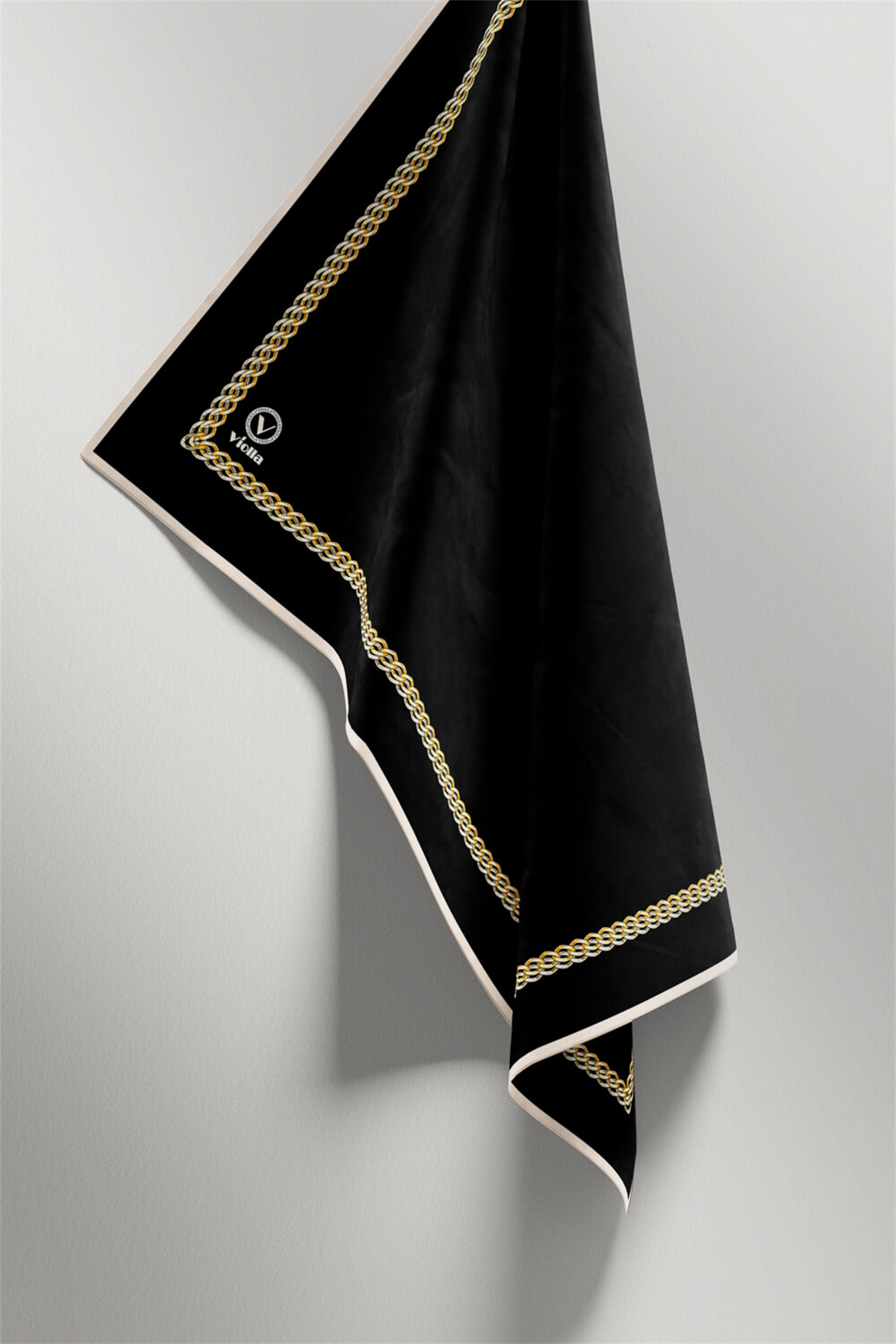 Kristal Kenar Motif Zincir Desenli Siyah Renkli 90x90 Eşarp (İpek İçermez) Kenar Dikiş Şekli El Dikişli