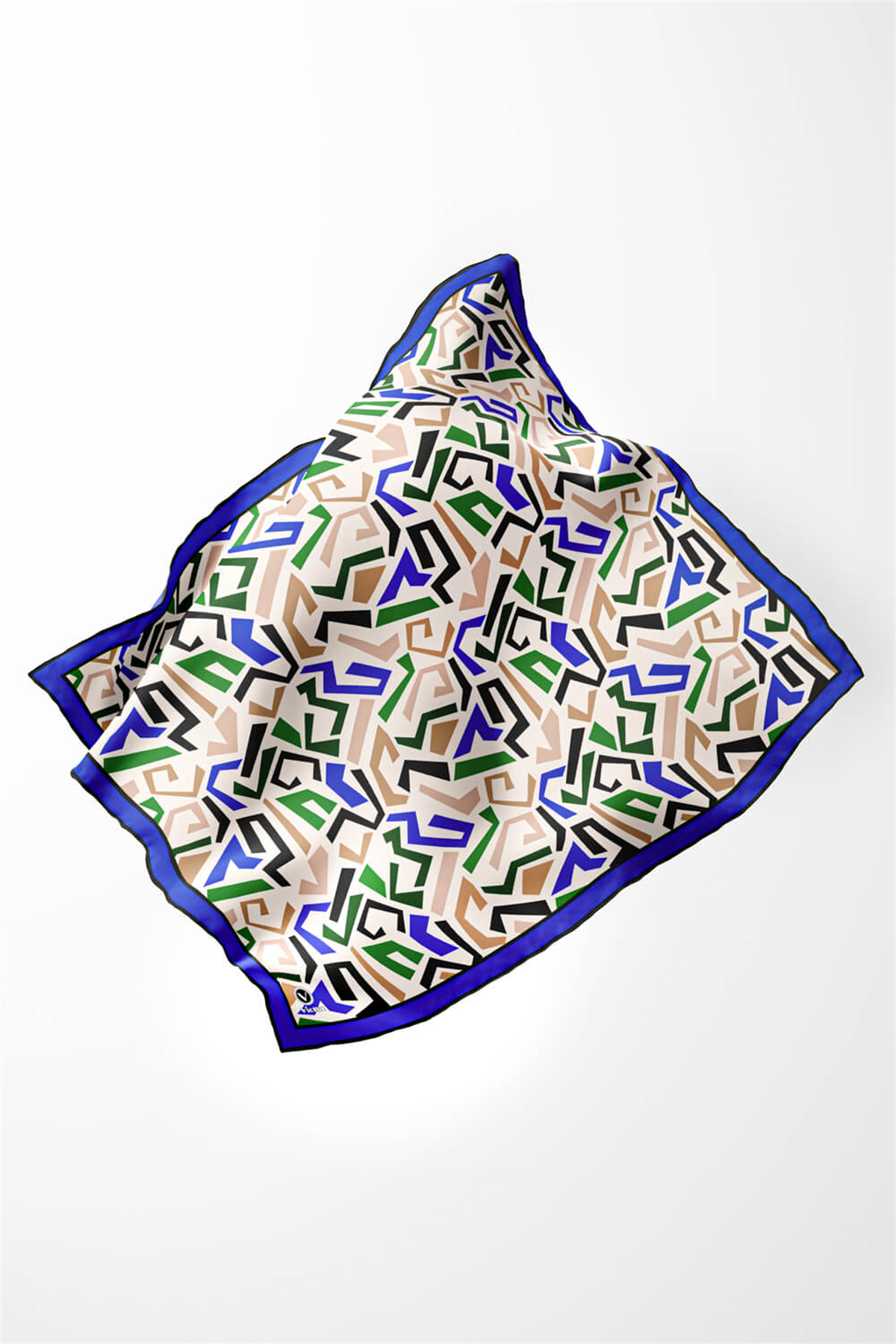 Twill Geometrik Desenli Saks Renkli 90x90 Eşarp (İpek İçermez) Kenar Dikiş Şekli El Dikişli