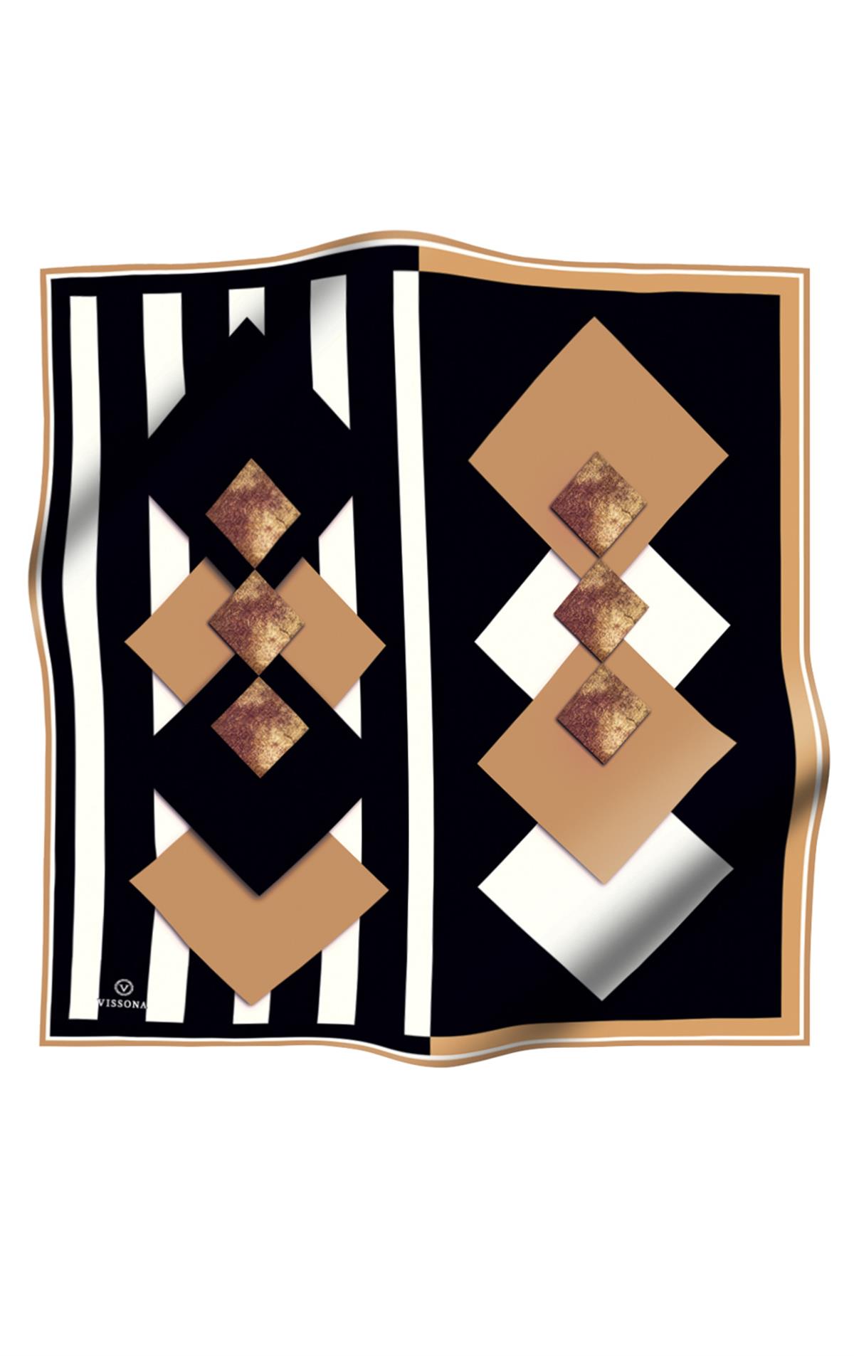 %100 Twill İpek Karo Desenli Gold - Siyah Renkli 90x90 Eşarp Dikim Şekli : El Dikişi