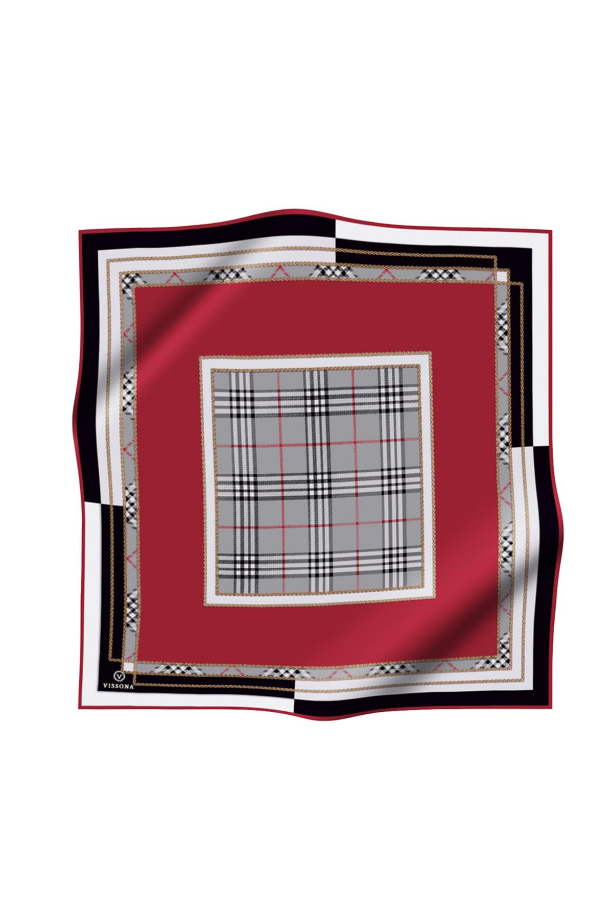 %100 Twill İpek Ekose Desenli Bordo Renkli 90x90 Eşarp Dikim Şekli : El Dikişi