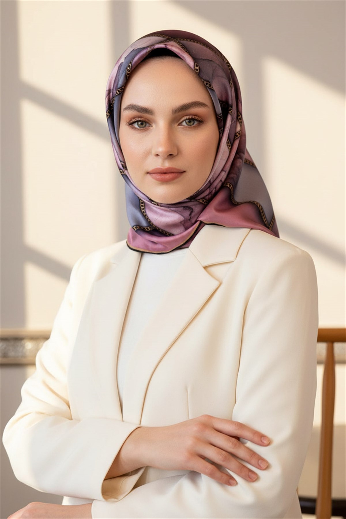 % 57 İPEK % 43 VİSKON Twill İpek Efektli Bant Desenli Lila - Gri Renkli 90x90 Eşarp Dikim Şekli : El Dikişi