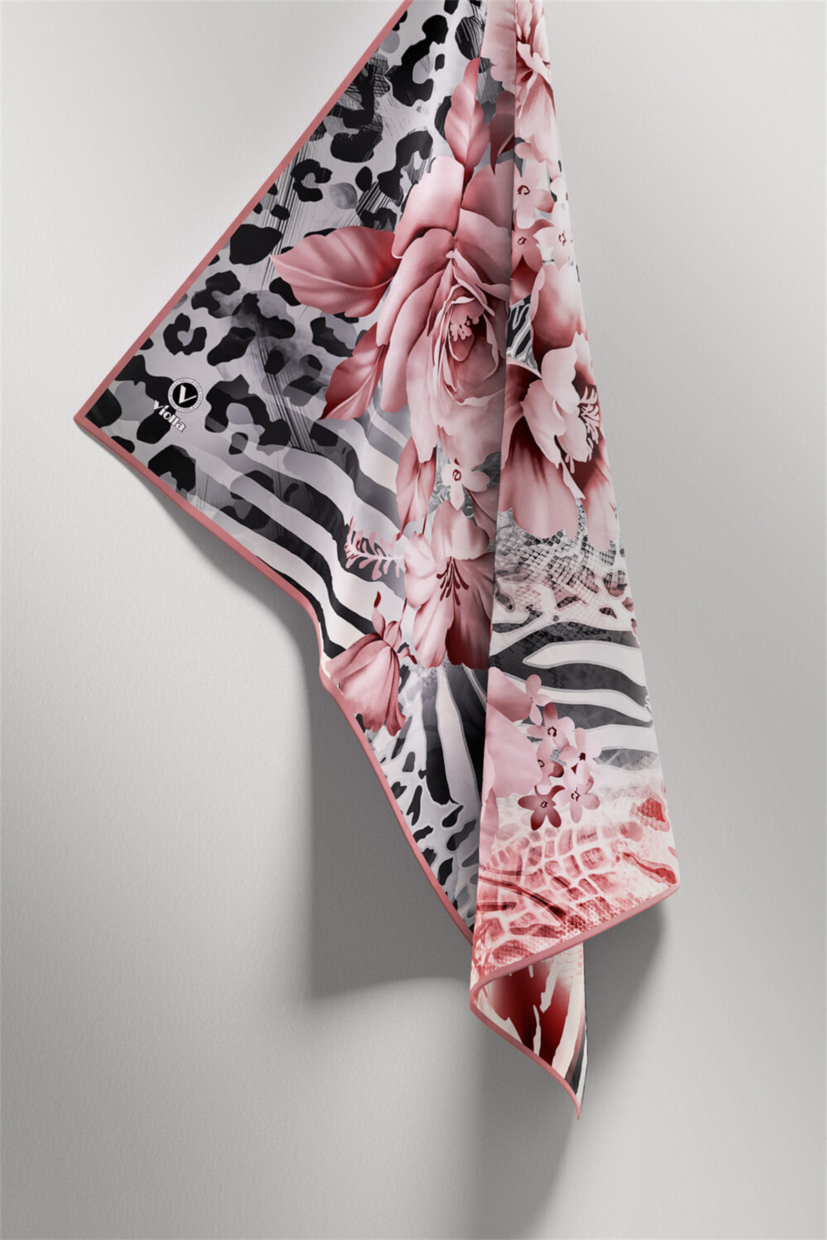 Twill Renkli Şerit Desenli Pudra Renkli 90x90 Eşarp (İpek İçermez) Kenar Dikiş Şekli El Dikişli