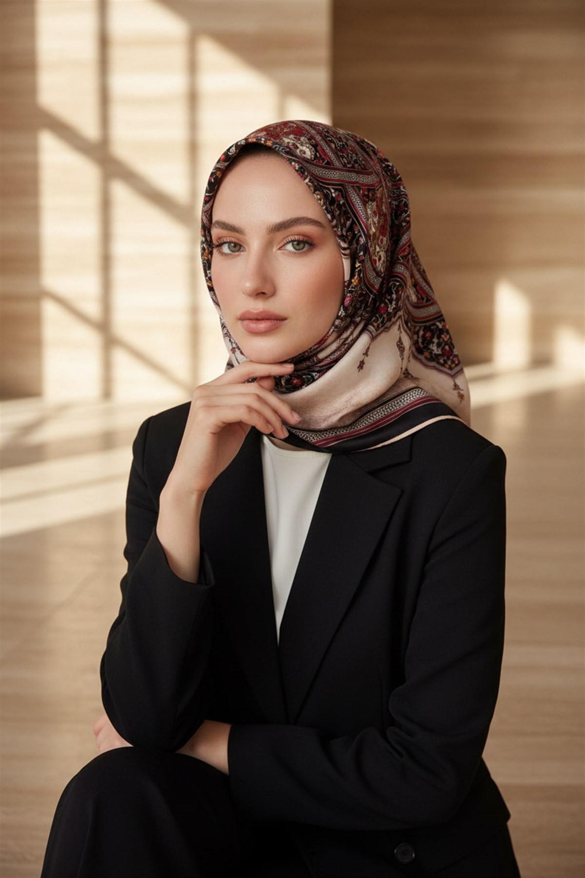 %100 Twill İpek Şal Desenli Siyah - Bordo Renkli 90x90 Eşarp Dikim Şekli : El Dikişi