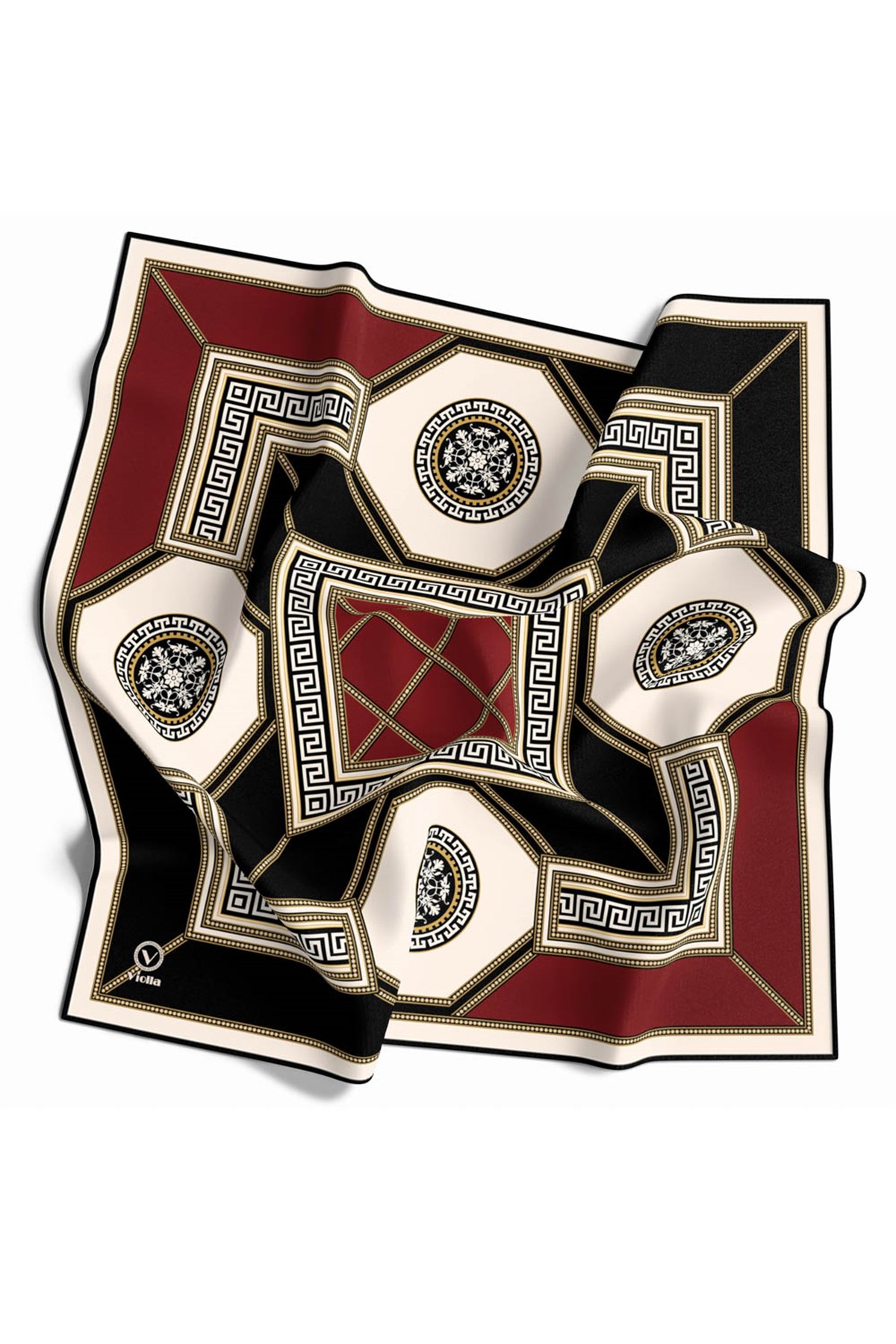Twill Barok Desenli Bordo Renkli 90x90 Eşarp (İpek İçermez) Kenar Dikiş Şekli El Dikişli