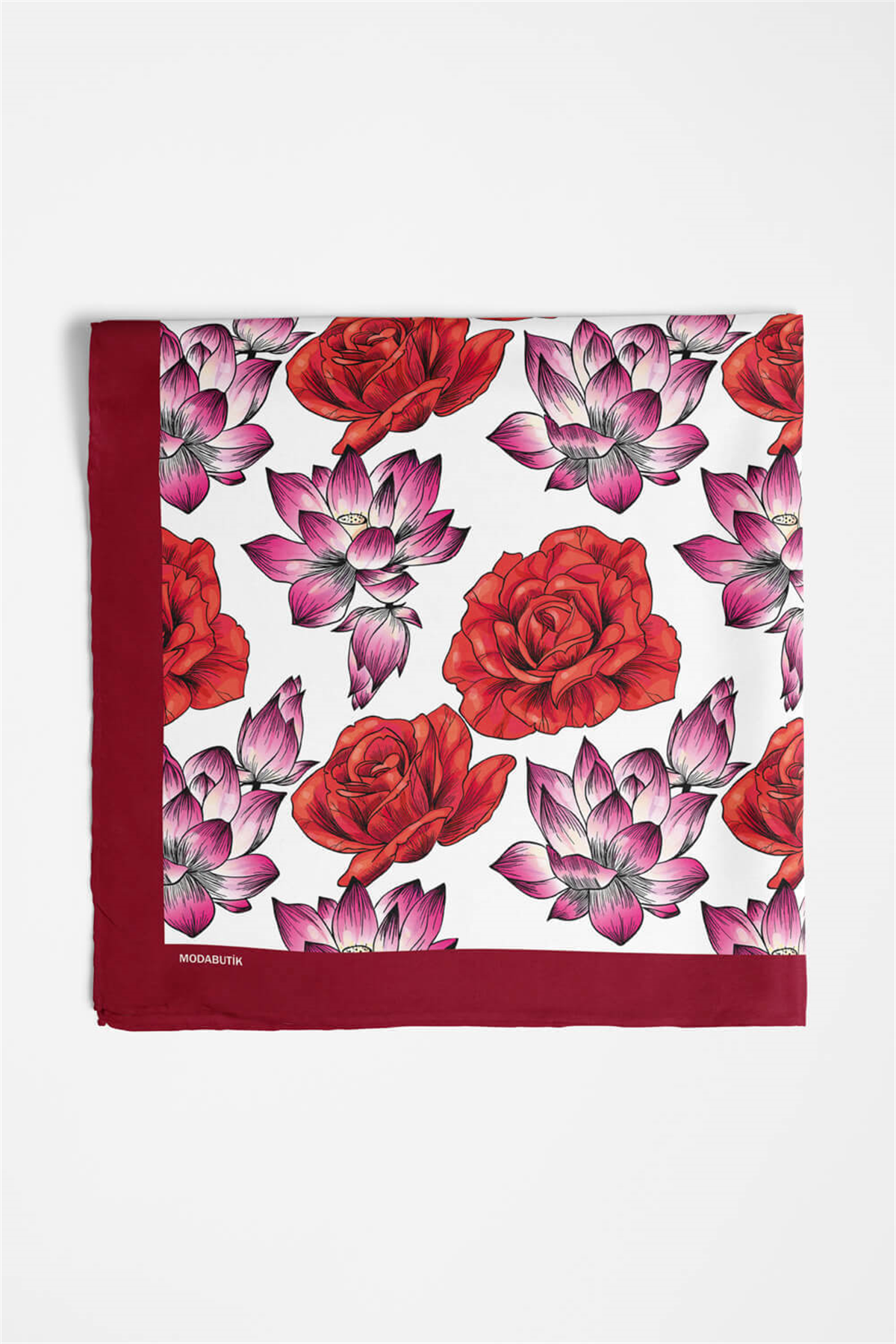 Y57 Kadın Çiçek Desenli Bandana 50x50 Kırmızı DG0139-2