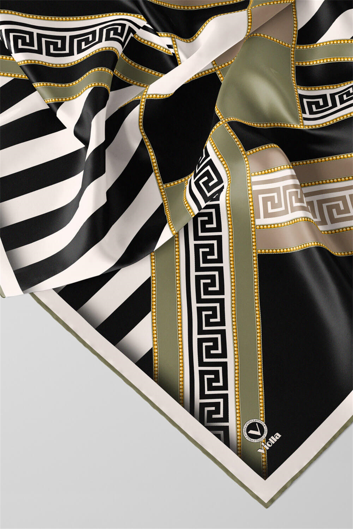 Twill Çizgili Geometrik Desenli Haki Renkli 90x90 Eşarp (İpek İçermez) Kenar Dikiş Şekli El Dikişli