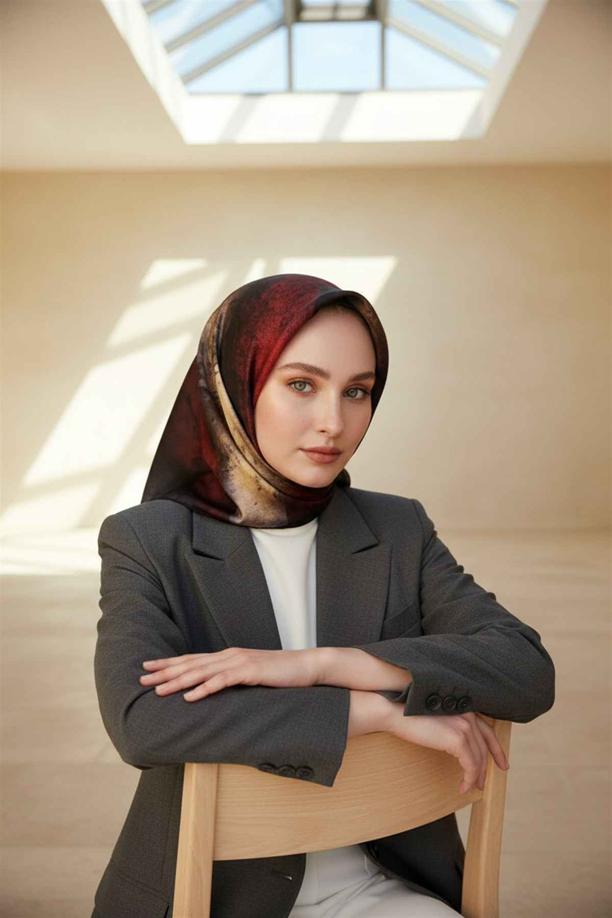%100 Twill İpek Dokulu Ve Geometrik Desenli Bordo - Gri Renkli 90x90 Eşarp Dikim Şekli : El Dikişi