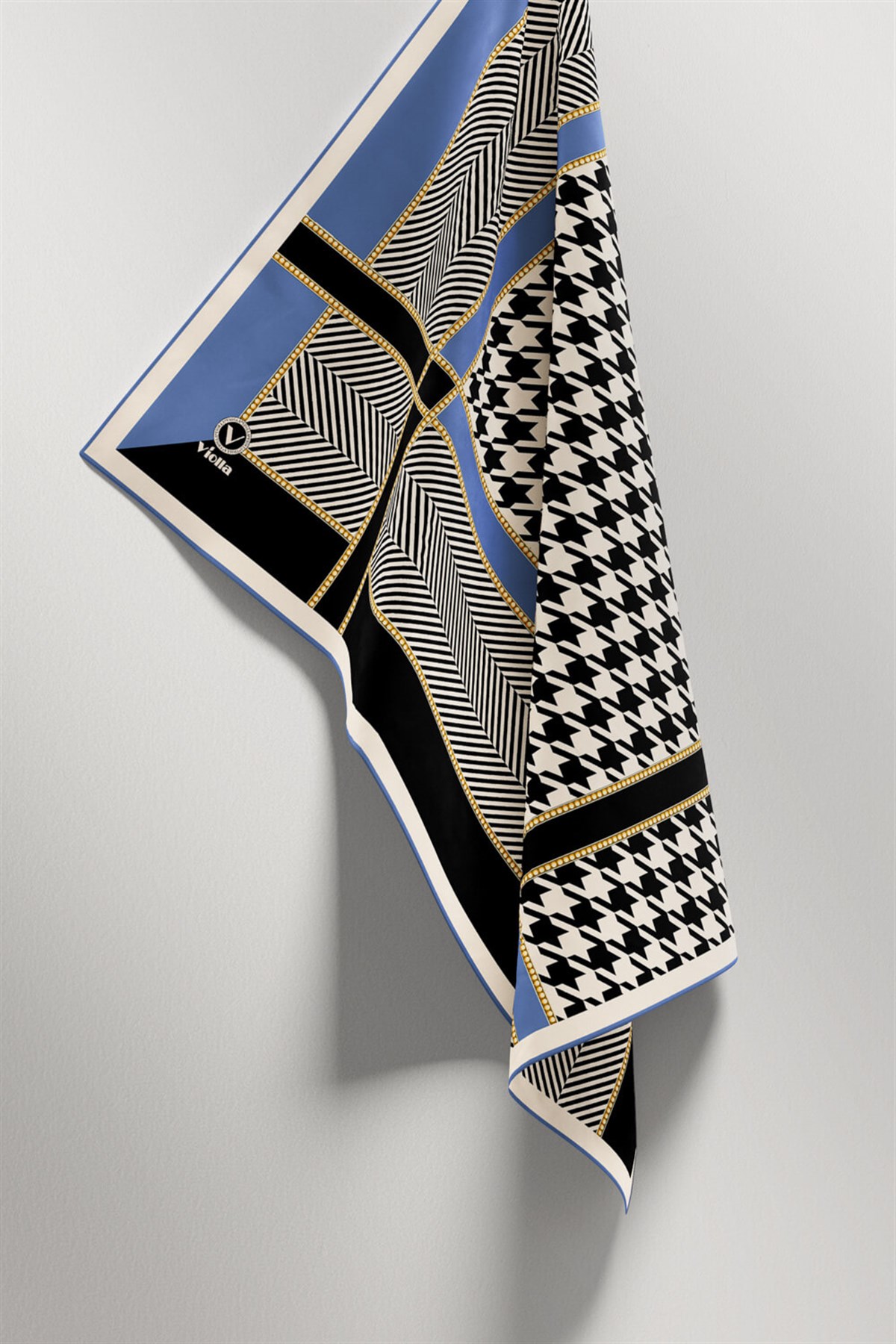 Twill Kazayağı Desenli İndigo Renkli 90x90 Eşarp (İpek İçermez) Kenar Dikiş Şekli El Dikişli
