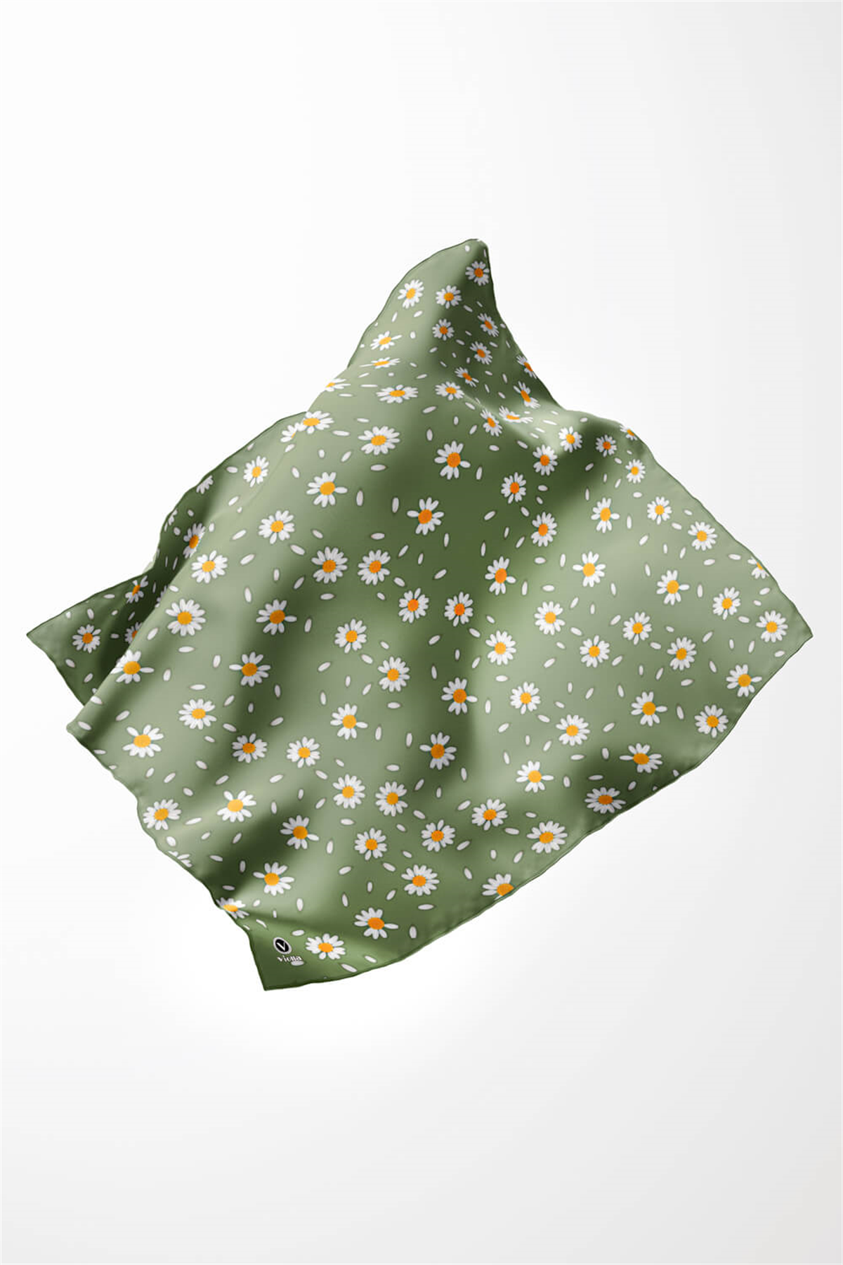 Twill Papatya Desenli Koyu Mint Yeşili Renkli 90x90 Eşarp (İpek İçermez) Kenar Dikiş Şekli El Dikişli