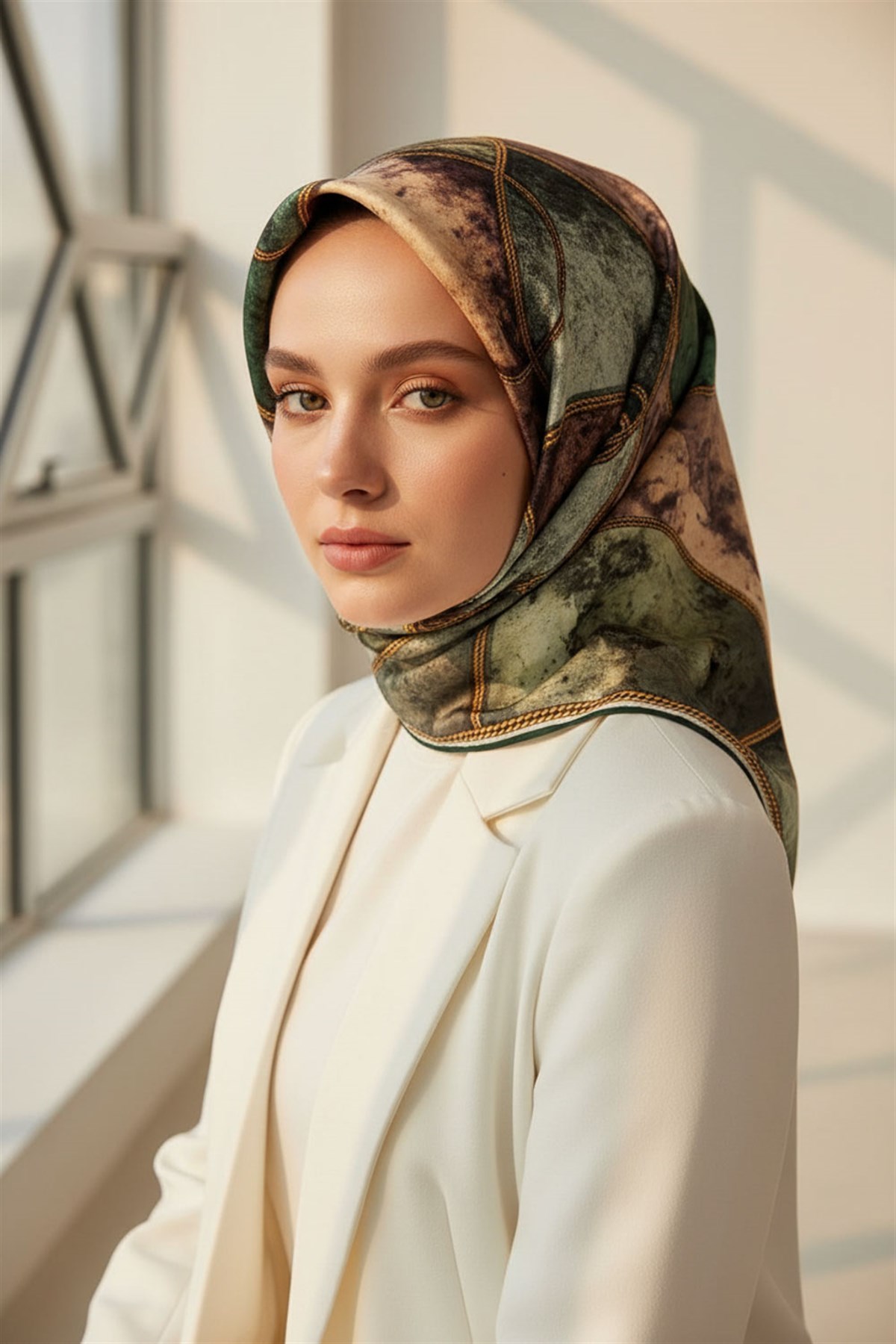 %100 Twill İpek Zincirli Mermer Desenli Zümrüt Yeşili - Haki Renkli 90x90 Eşarp Dikim Şekli : El Dikişi