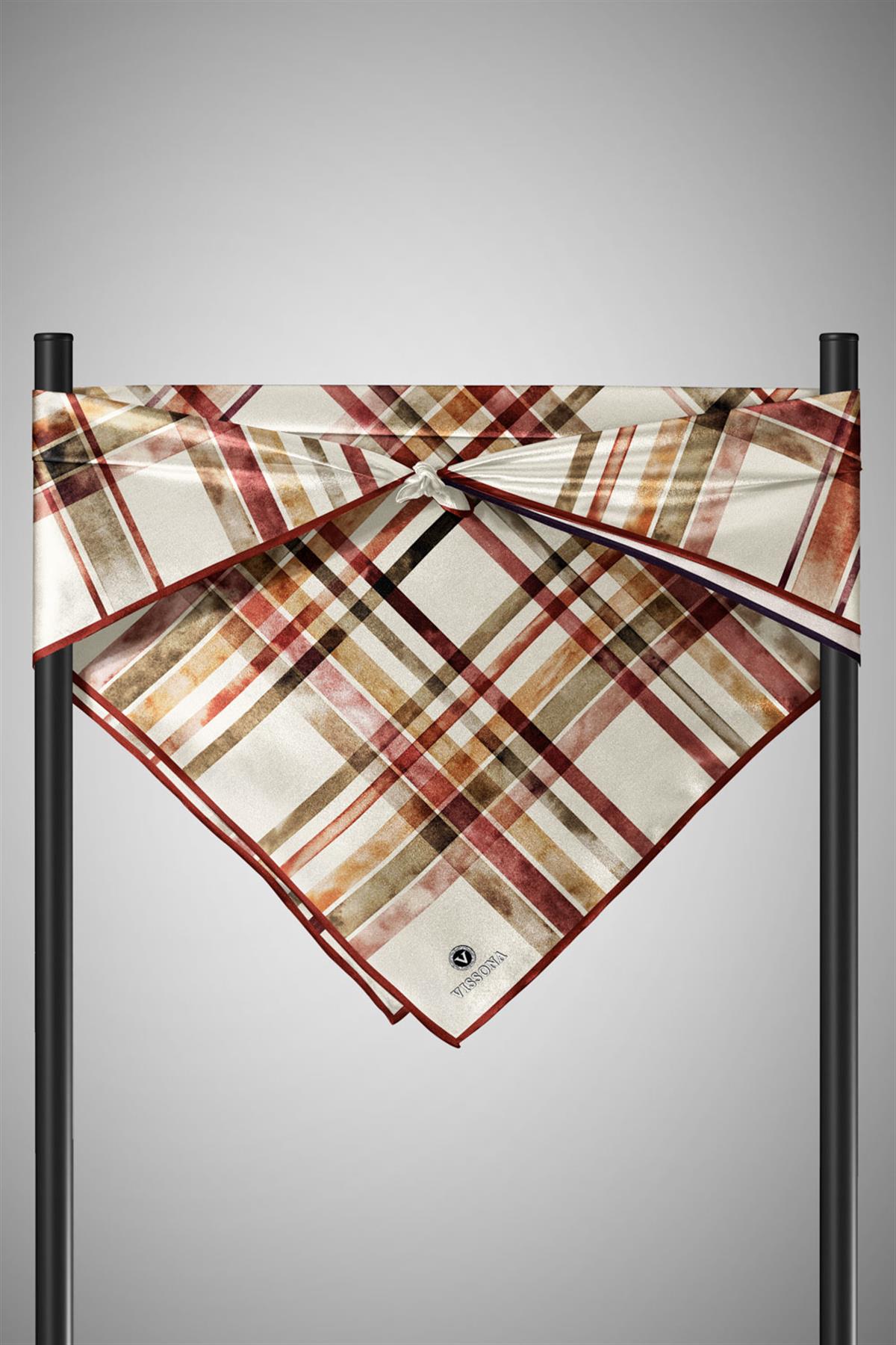 %100 Twill İpek Ekose Desenli Bordo - Haki Renkli 90x90 Eşarp Kenar Dikiş Şekli El Dikişli