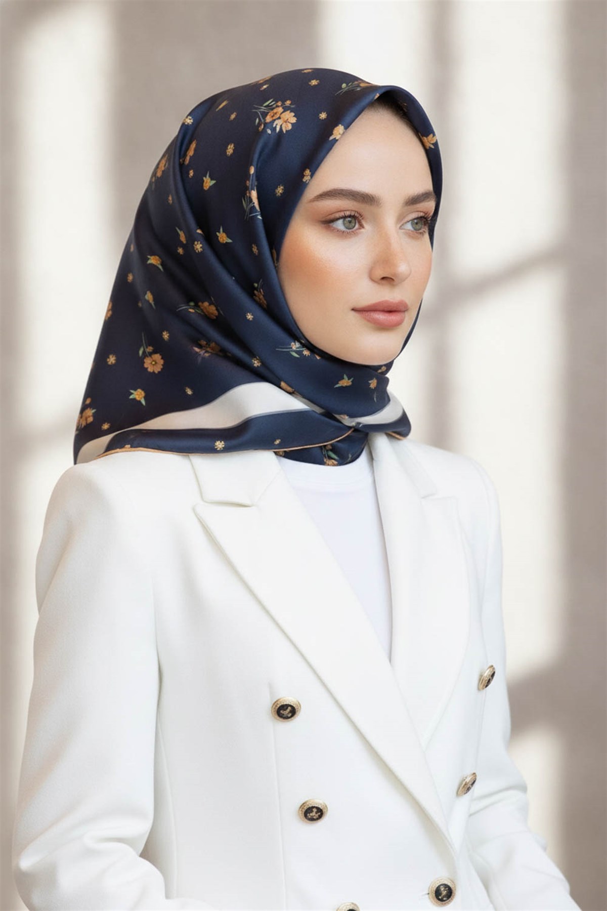 % 57 İPEK % 43 VİSKON Twill İpek Çıtır Çiçek Desenli Lacivert - Gold Renkli 90x90 Eşarp Dikim Şekli : El Dikişi