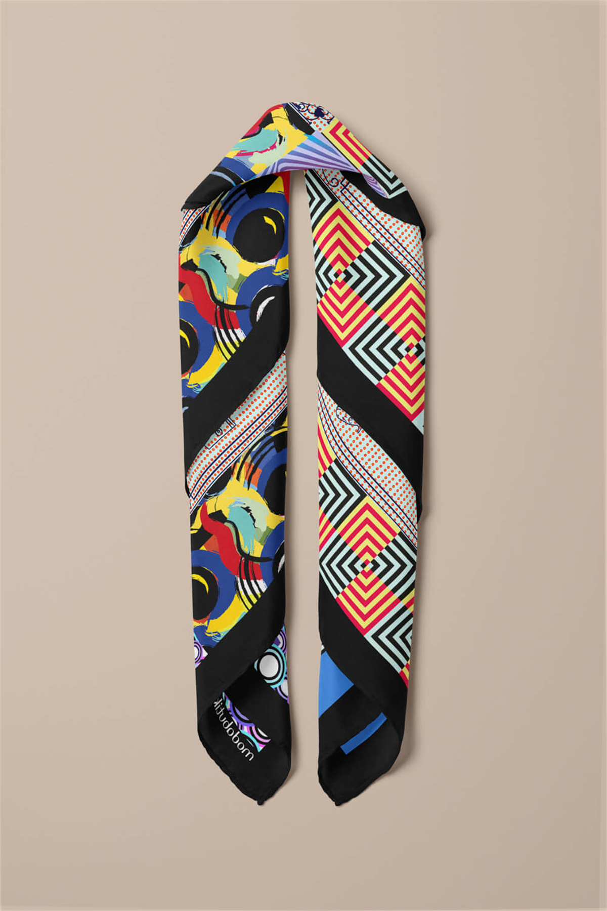 Kadın Krem Mavi Satranç Desenli 50x50 Bandana