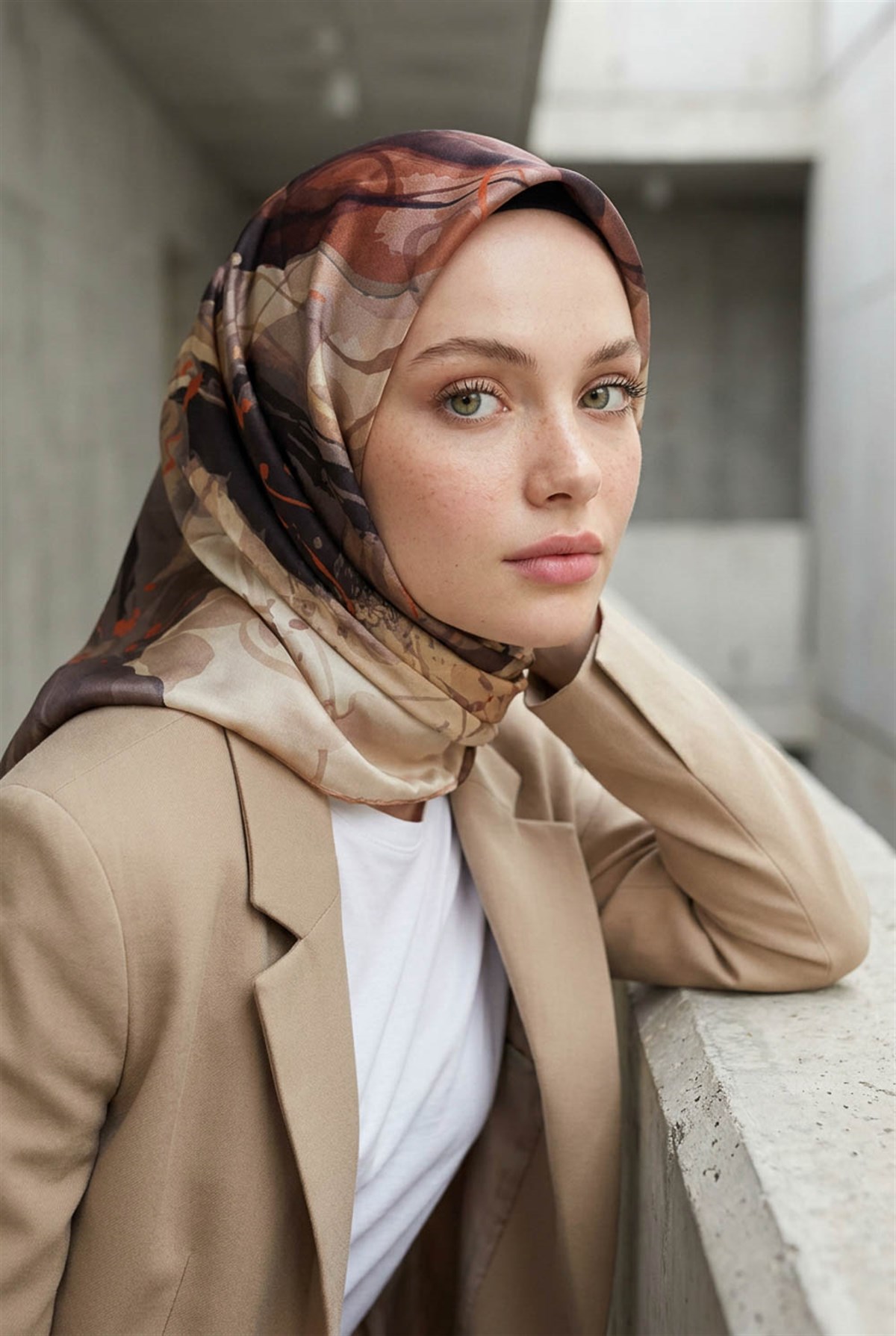 %100 Twill İpek Çiçekli Sulu Boya Dalga Desenli Bej - Taba Renkli 90x90 Eşarp Dikim Şekli : El Dikişi