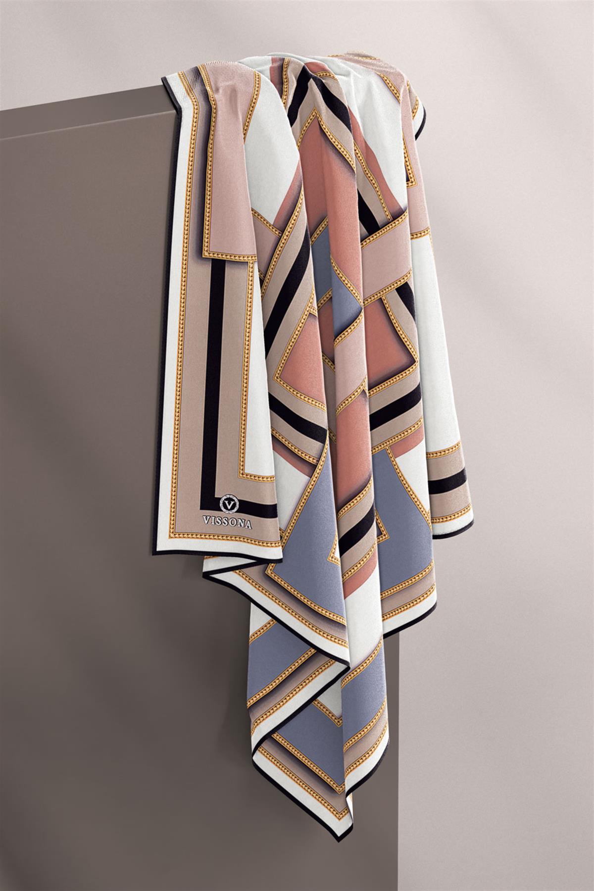 %100 Twill İpek Geometrik Desenli Pudra - Gümüş Renkli 90x90 Eşarp Dikim Şekli : El Dikişi