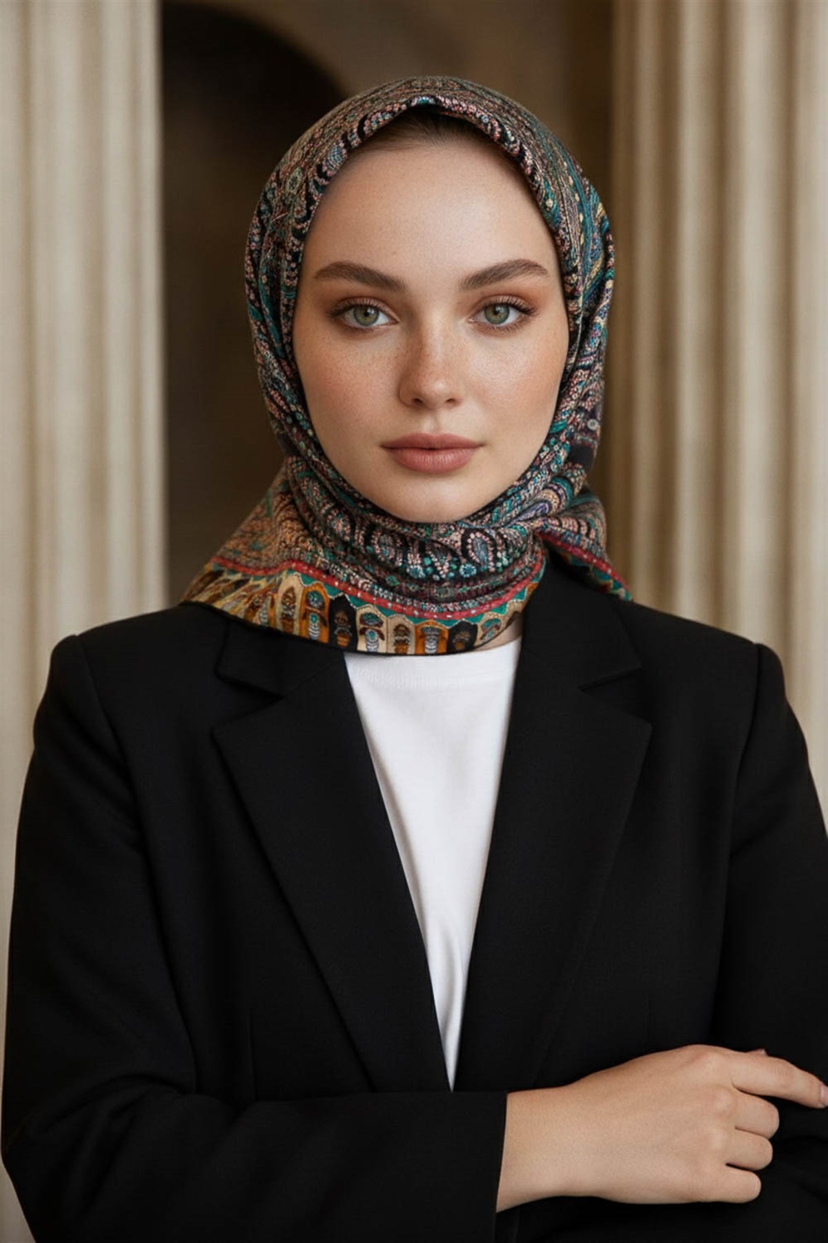 %100 Twill İpek Etro Desenli Siyah - Turkuaz Renkli 90x90 Eşarp Dikim Şekli : El Dikişi