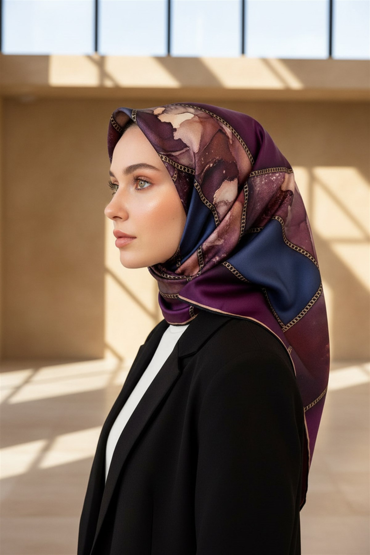 %100 Twill İpek Efektli Bant Desenli Mürdüm - İndigo Renkli 90x90 Eşarp Dikim Şekli : El Dikişi