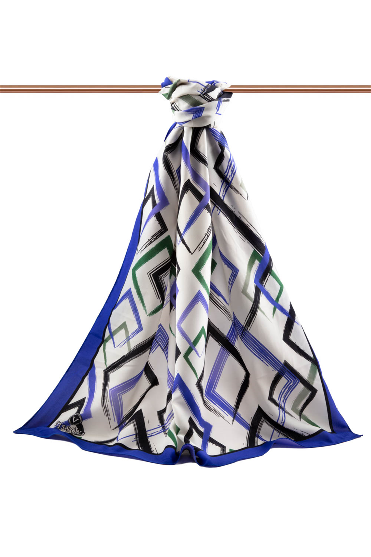LÜKS MEDİNE İPEĞİ GEOMETRİK DESENLİ SAKS RENKLİ 75X195 KIRIŞMAZ ŞAL MOSS KREP DİKİŞ TİPİ İTALYAN DİKİŞLİ