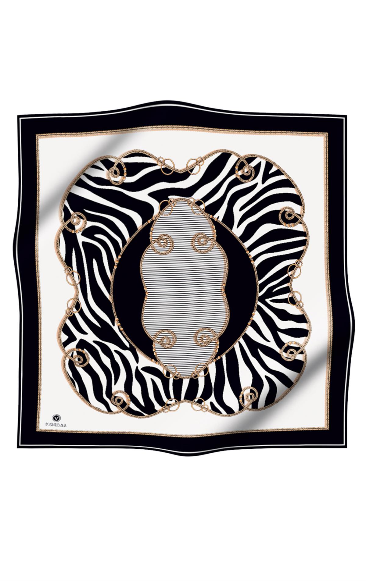 %100 Twill İpek Zincirli Ve Zebra Desenli Krem - Siyah Renkli 90x90 Eşarp Dikim Şekli : El Dikişi