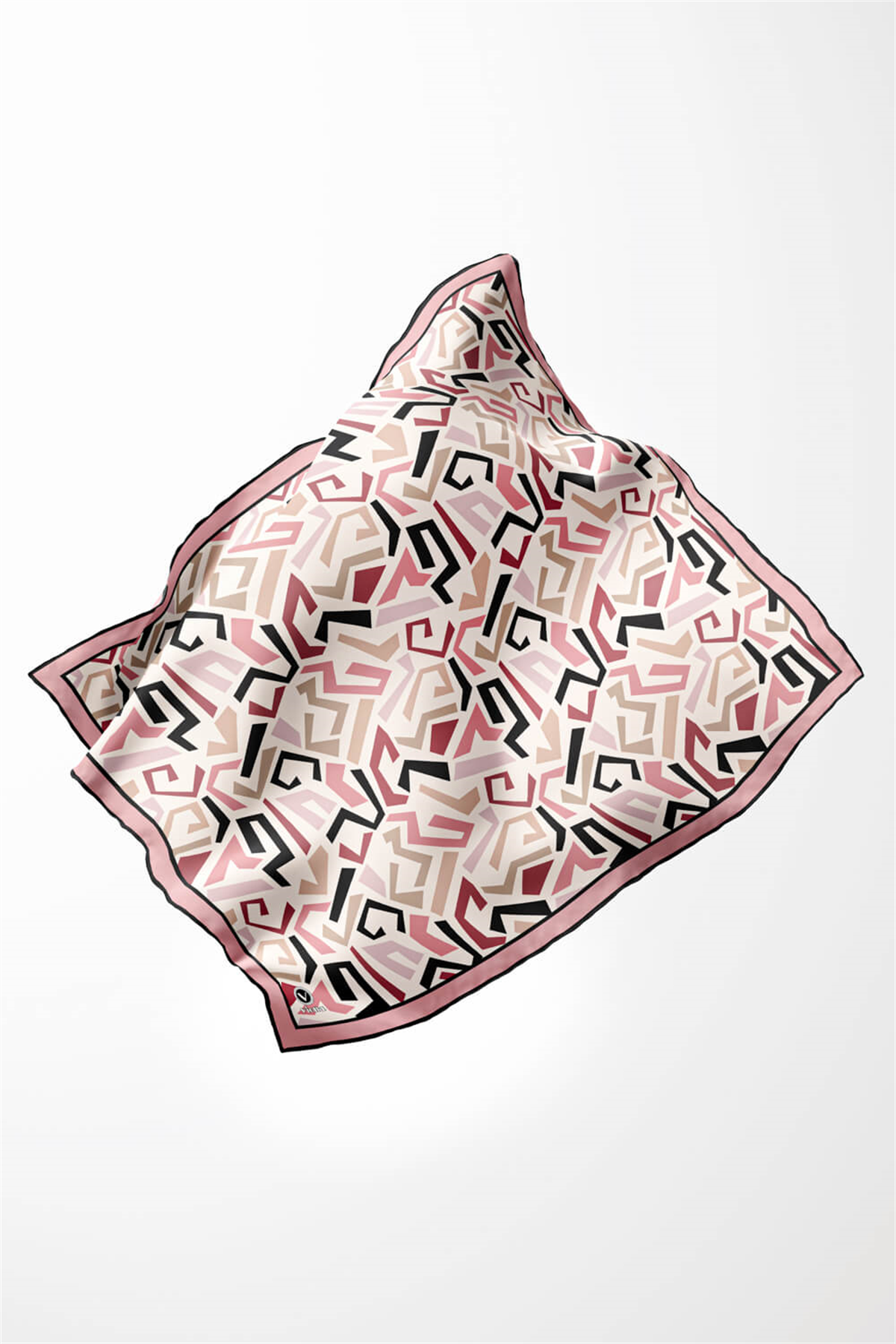 Twill Geometrik Desenli Pudra Renkli 90x90 Eşarp (İpek İçermez) Kenar Dikiş Şekli El Dikişli