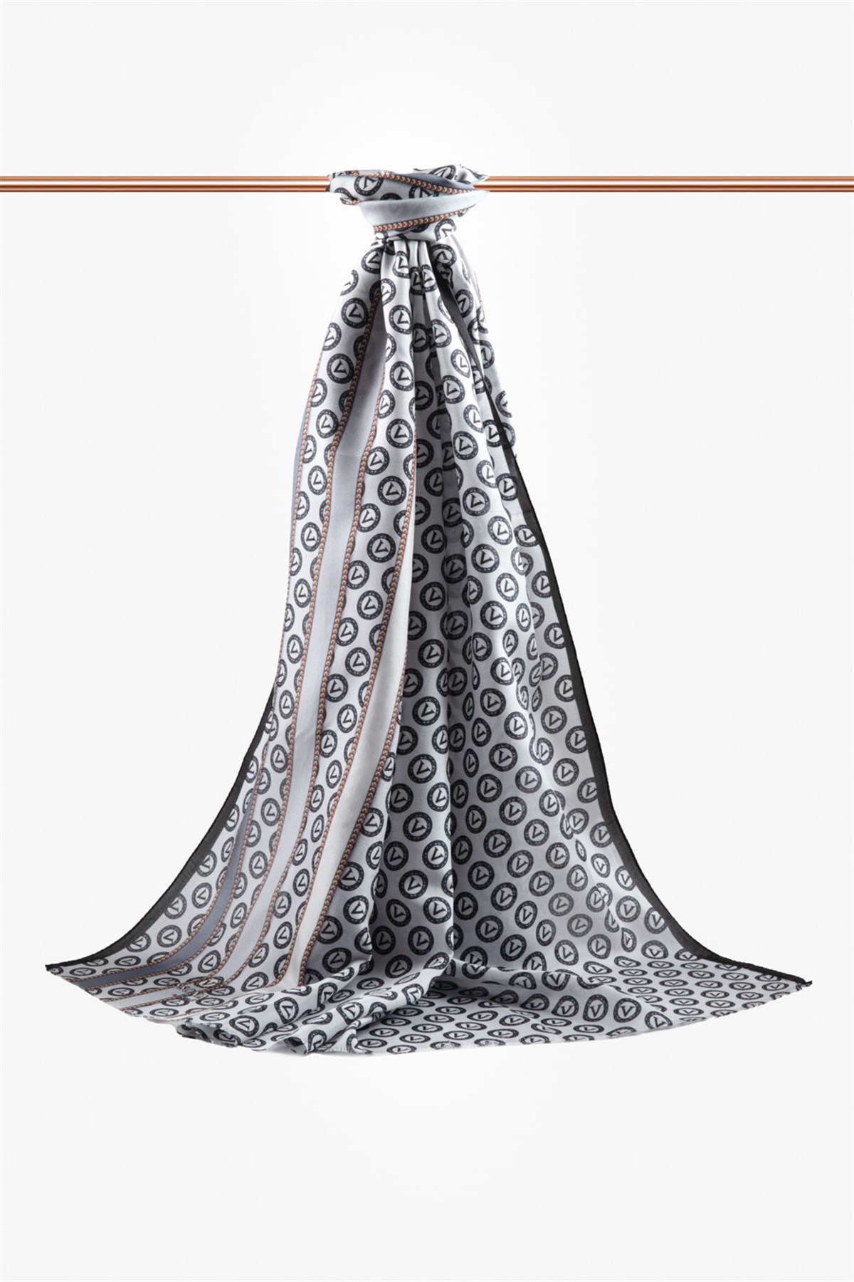 %100 İpek Monogram Desenli Gümüş - Gri Renkli 92x210 Şal