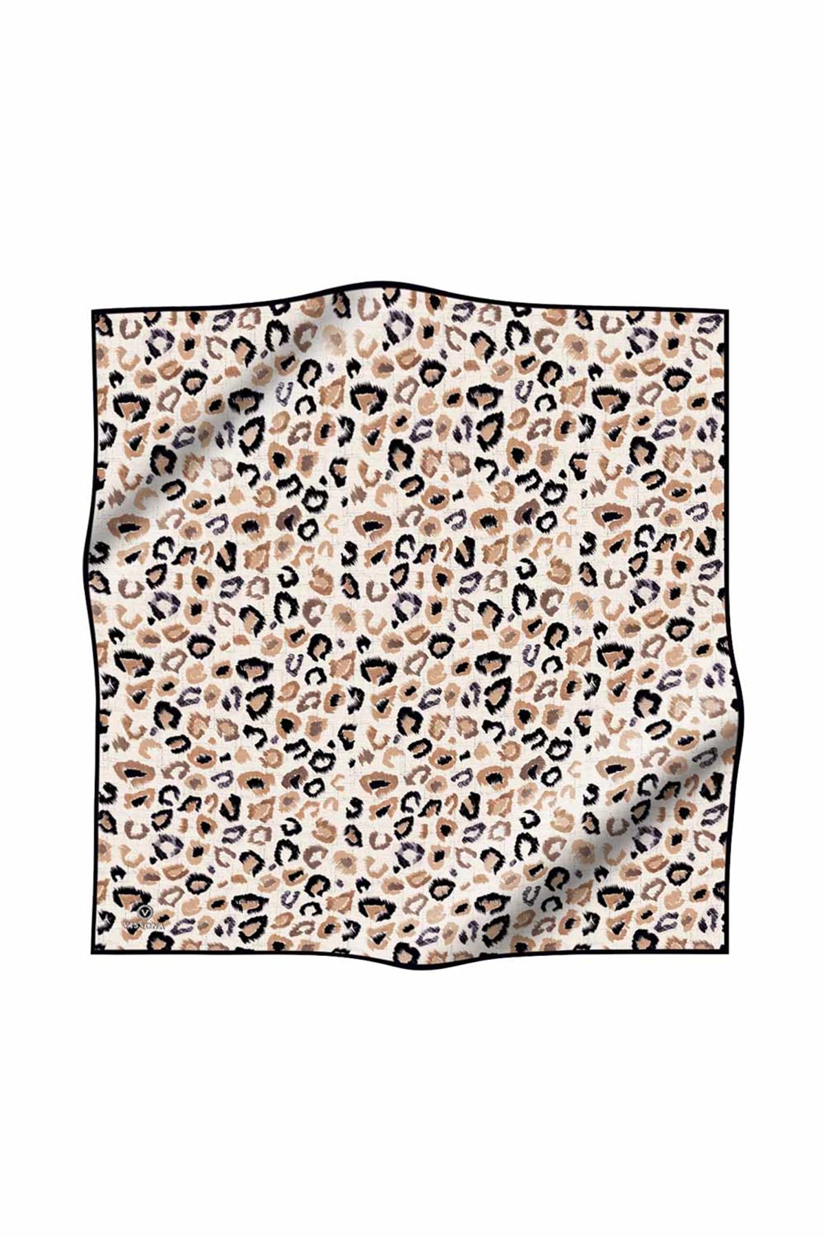 %100 Twill İpek Renkli Leopari Desenli Bej - Siyah Renkli 90x90 Eşarp Kenar Dikiş Şekli El Dikişli