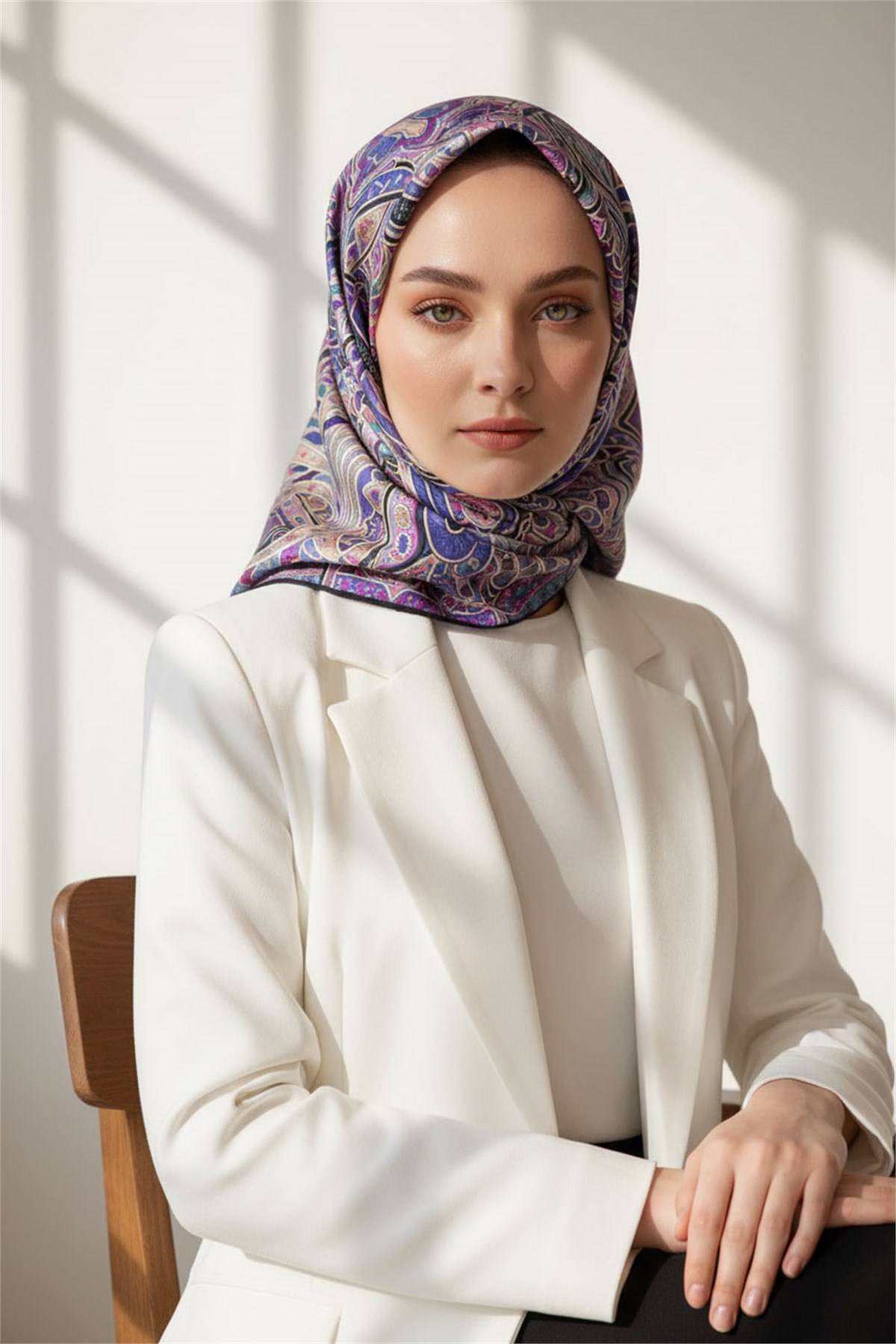 100% Twill İpek Etnik Desenli Mor - Petrol Yeşili Renkli 90x90 Dikim Şekli : El Dikişi Eşarp