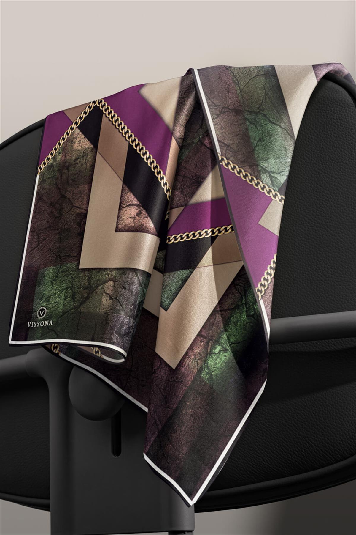 %100 Twill İpek Taş Efekti Desenli Mürdüm - Siyah Renkli 90x90 Eşarp Dikim Şekli : El Dikişi