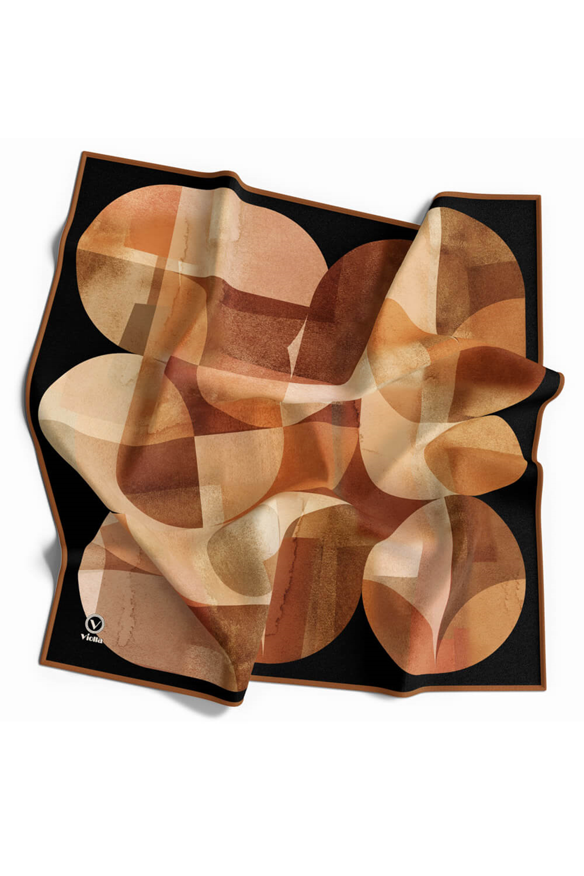 Twill Geometrik Desenli Taba Renkli 90x90 Eşarp (İpek İçermez)Kenar Dikiş Şekli El Dikişli