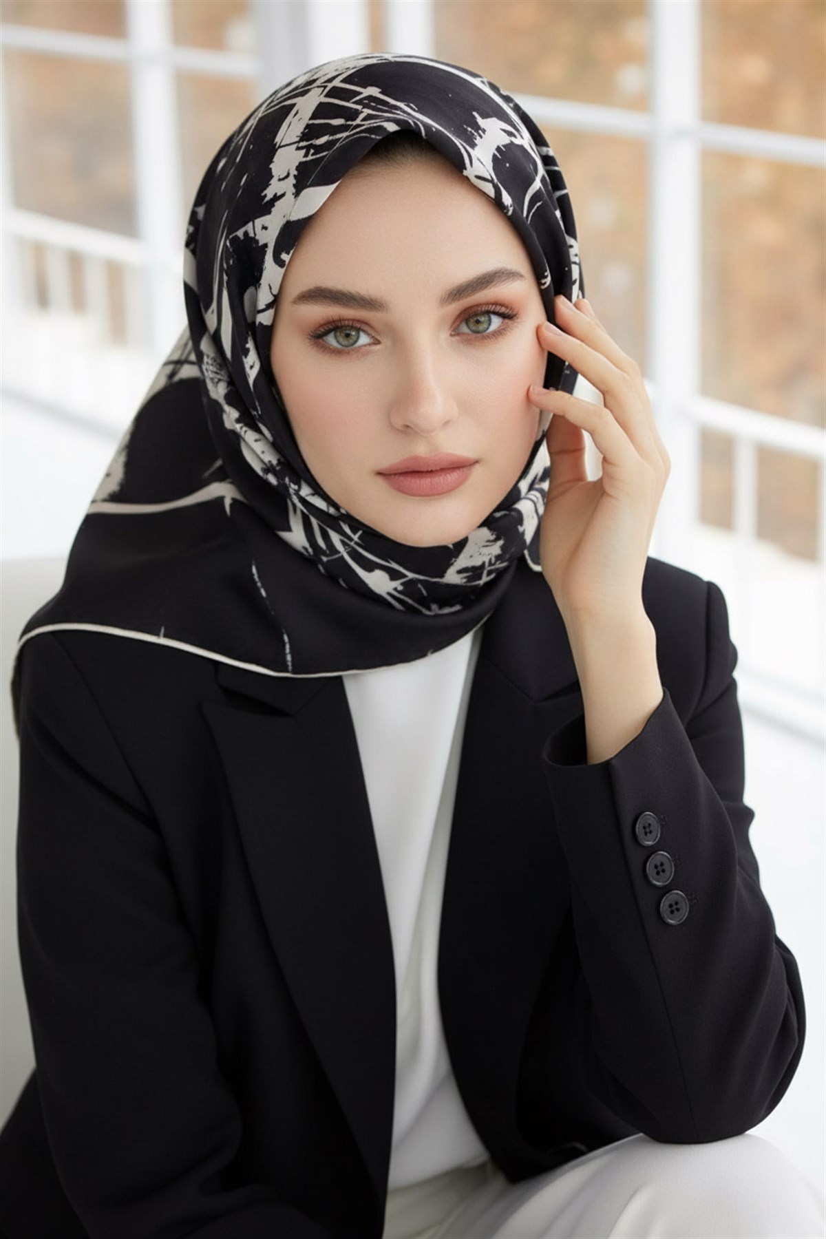 %100 Twill İpek Geometrik Desenli Siyah - Krem Renkli 90x90 Eşarp Dikim Şekli : El Dikişi