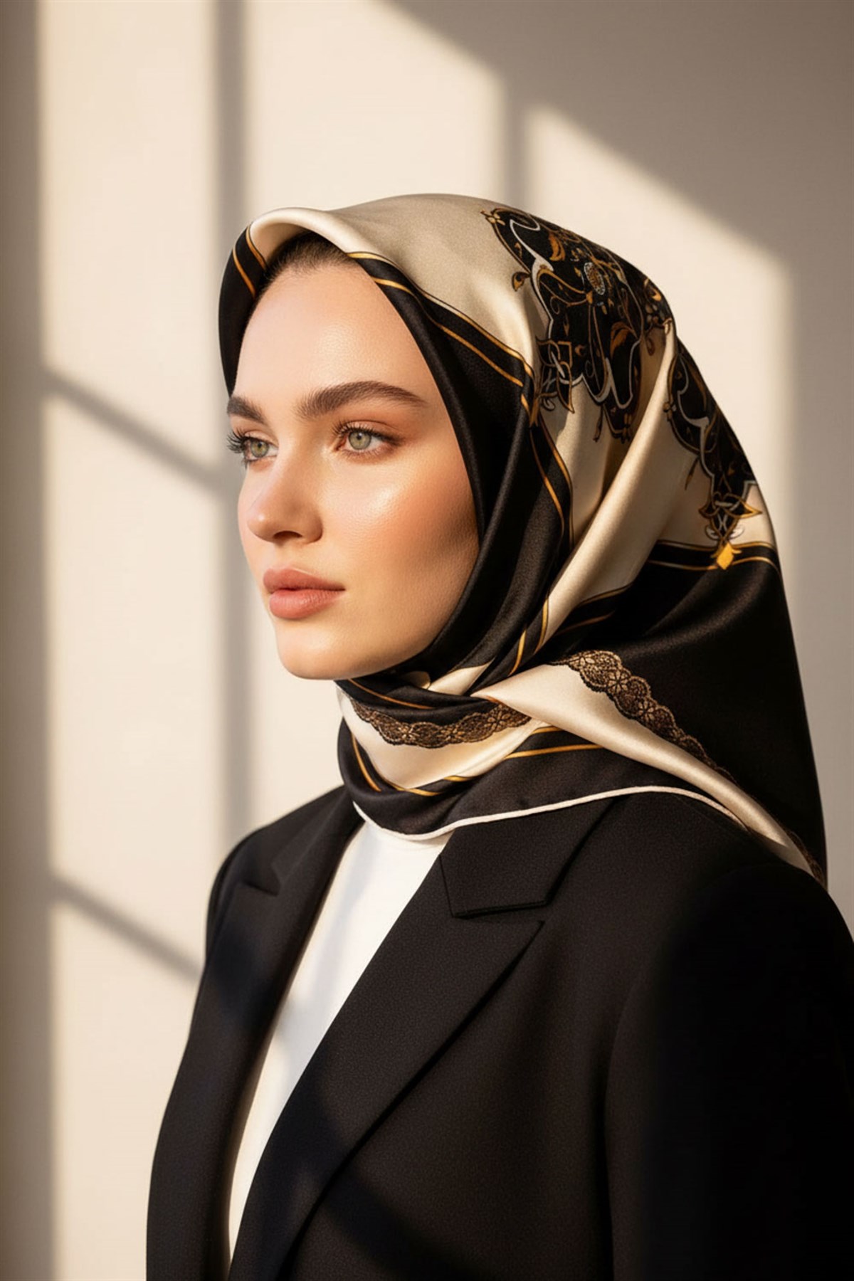 %100 Twill Barok Desenli Siyah - Krem Renkli 90x90 Eşarp Dikim Şekli: El Dikişi