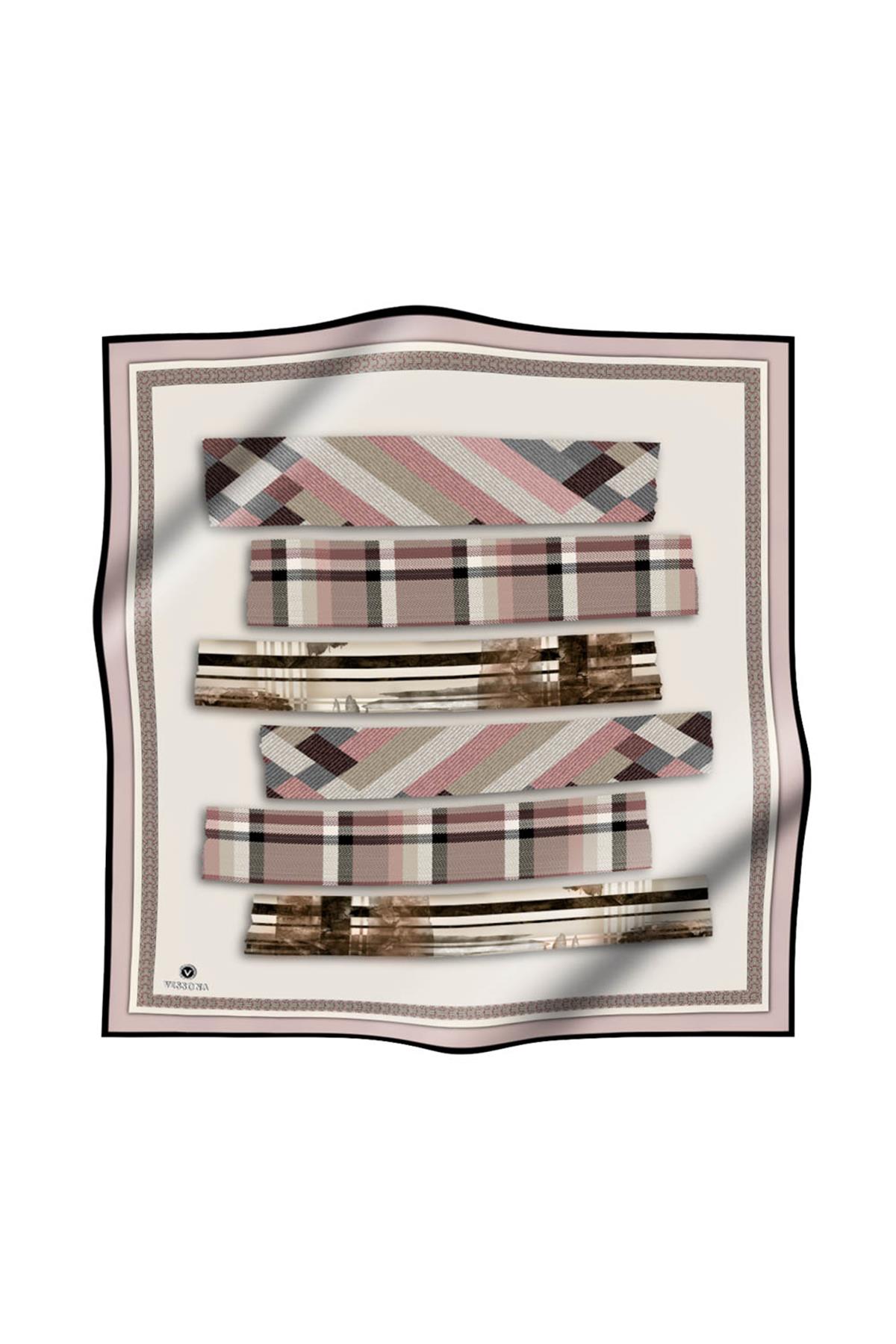 %100 Twill İpek Ekose Desenli Pudra - Gri Renkli 90x90 Eşarp Dikim Şekli : El Dikişi