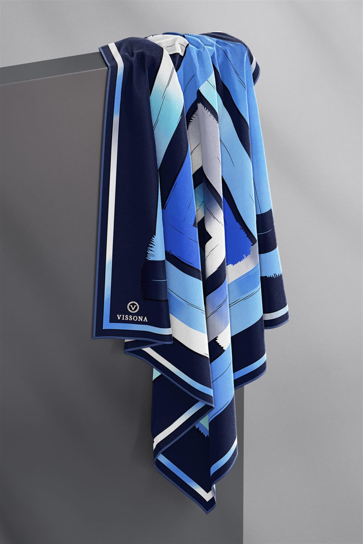 %100 Twill İpek Geometrik Fırça İzi Desenli Lacivert - Saks Renkli 90x90 Eşarp Dikim Şekli : El Dikişi