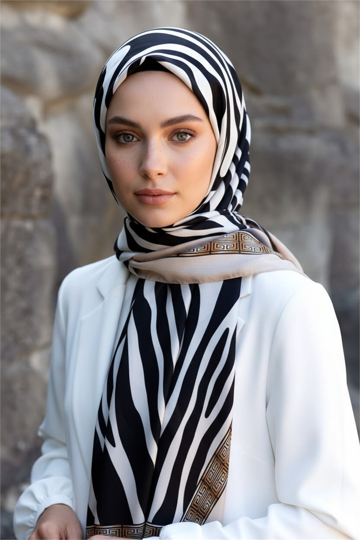 %100 Saf İpek Şal İnce Saten Vual Dokuma Zebra Desenli 90x210 Şal