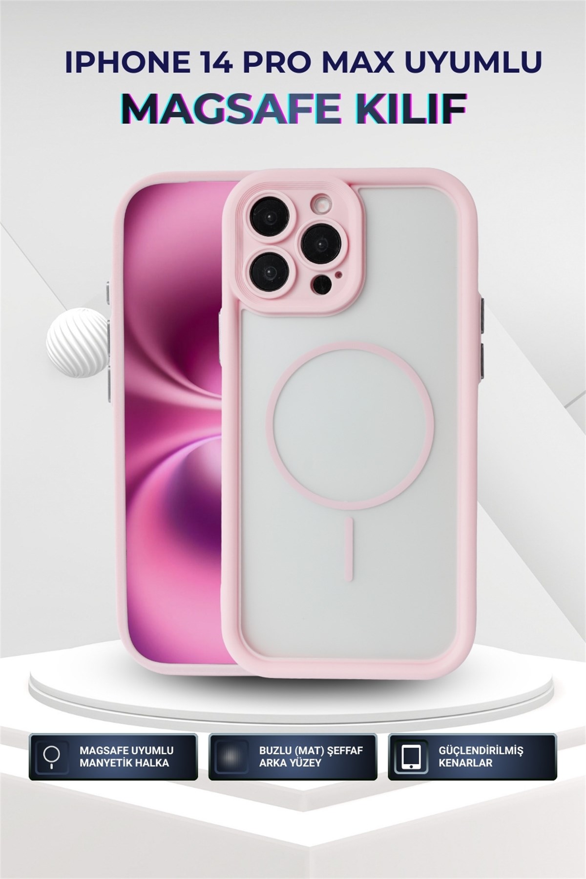 iPhone 14 Pro Max Kılıf – Kamera Korumalı – MagSafe Uyumlu – Pembe Renk – Mat Silikon Telefon Kılıfı