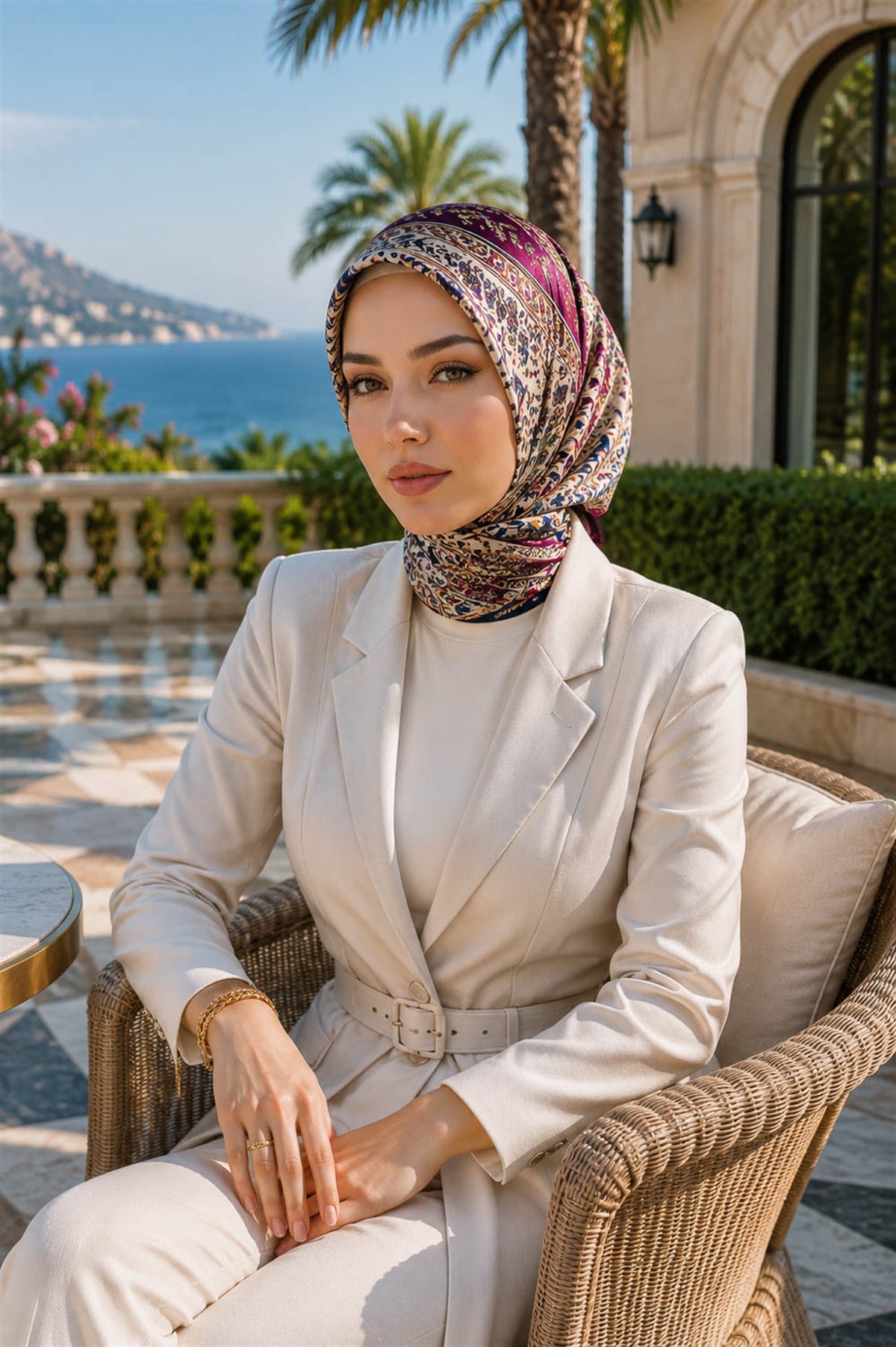 %100 Twill İpek Şal Desenli Mürdüm Renkli 90x90 Eşarp Dikim Şekli : El Dikişi