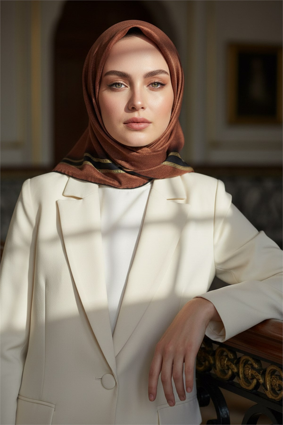 % 57 İPEK % 43 VİSKON Twill İpek Dokulu Şerit Desenli Siyah - Taba Renkli 90x90 Eşarp Dikim Şekli : El Dikişi