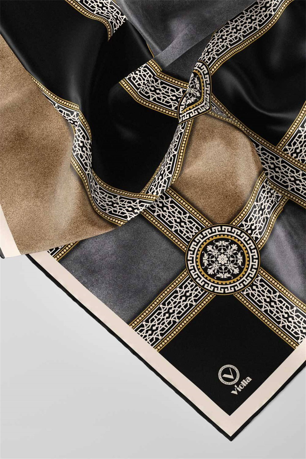 Twill Geometrik Desenli Gri Renkli 90x90 Eşarp (İpek İçermez) Kenar Dikiş Şekli El Dikişli