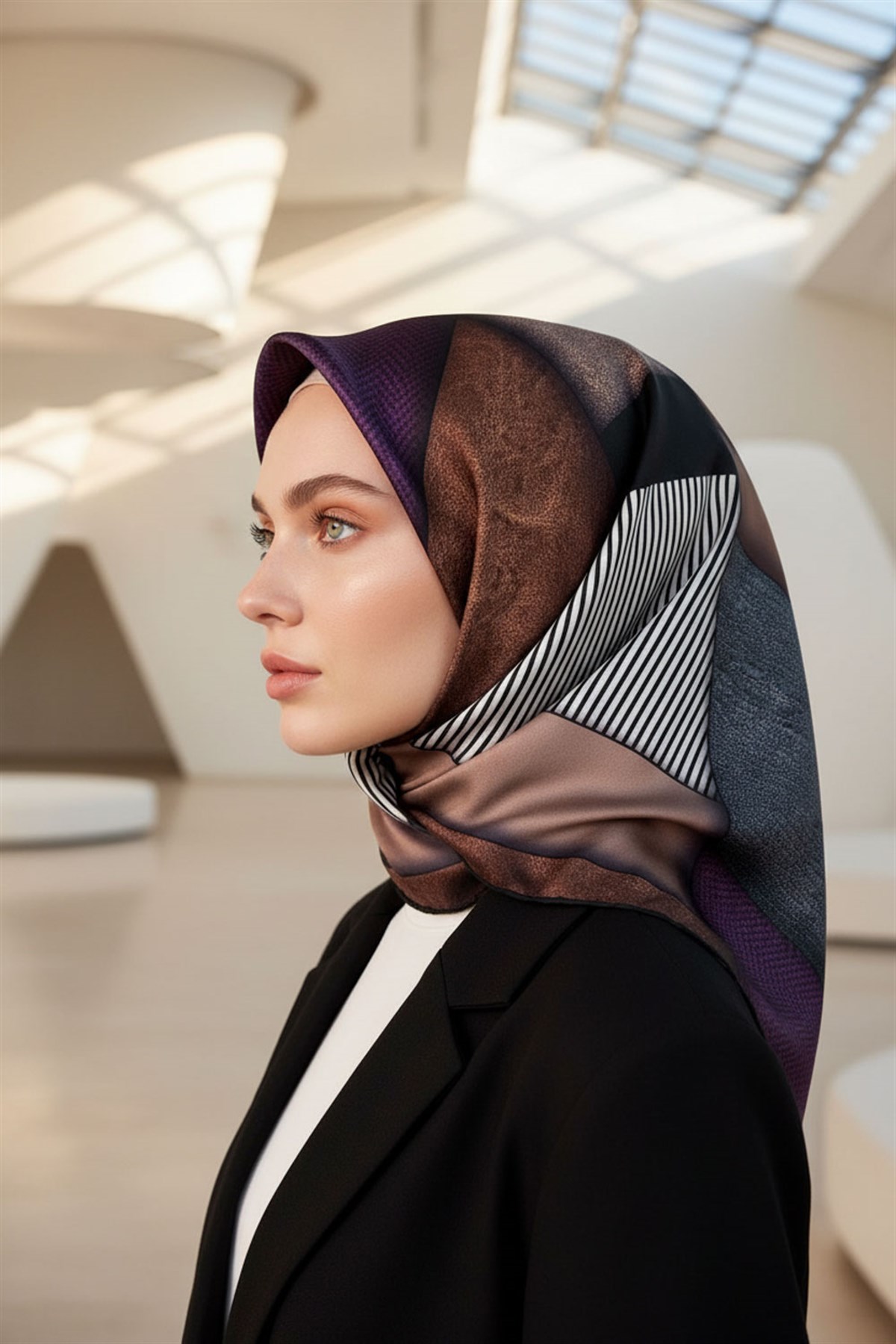 %100 Twill İpek Dokulu ve Geometrik Desenli Mürdüm - Vizon Renkli 90x90 Eşarp Dikim Şekli : El Dikişi
