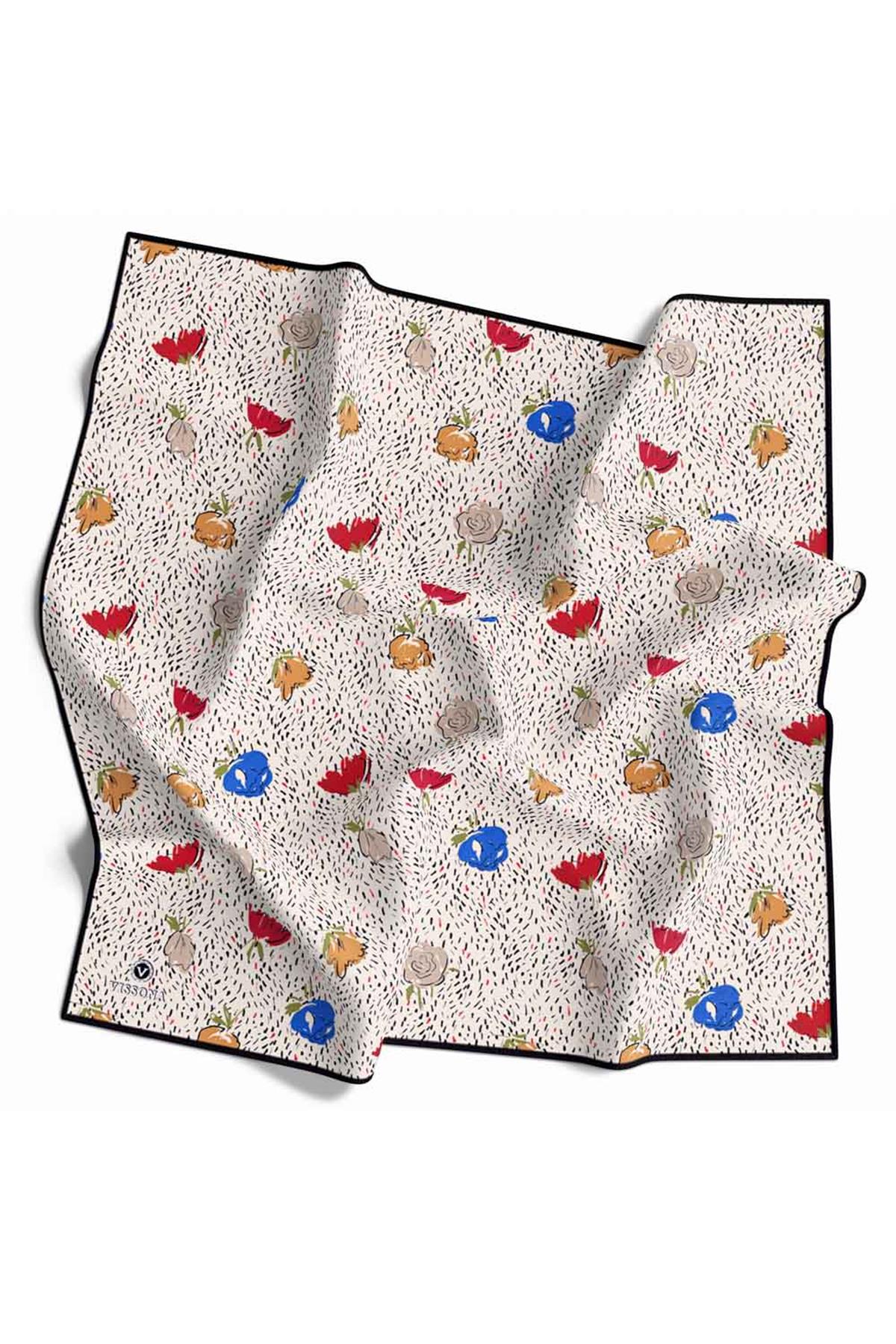 %100 Twill İpek Çıtır Çiçek Desenli Gold - Krem Renkli 90x90 Eşarp Dikim Şekli : El Dikişi