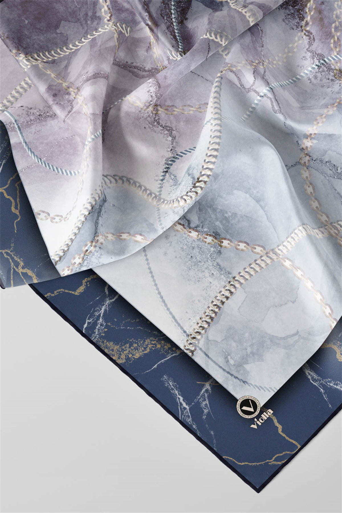 Twill Mermer ve Zincir Desenli İndigo Renkli 90x90 Eşarp (İpek İçermez) Kenar Dikiş Şekli El Dikişli