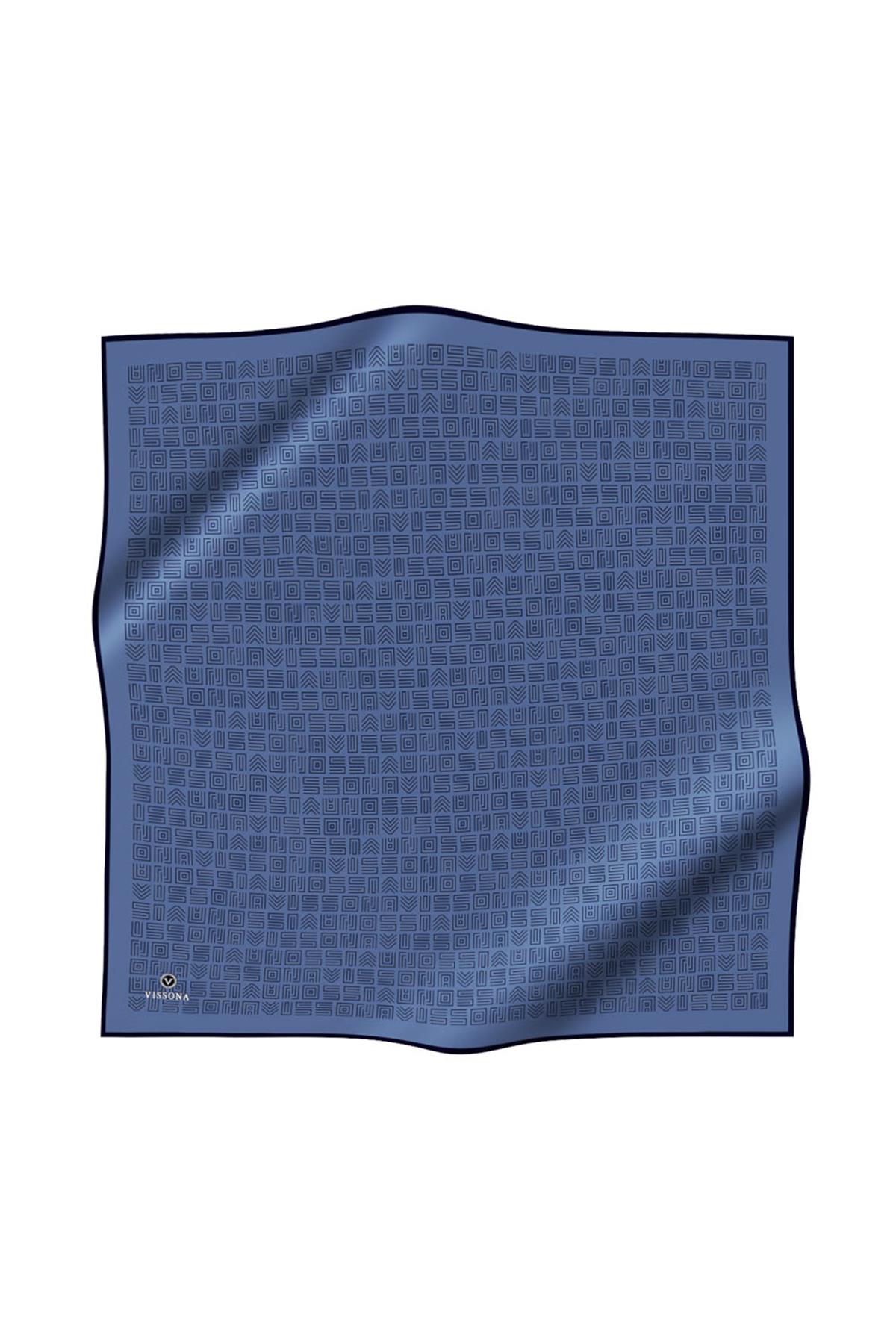 100% Twill İpek Etnik Motif Desenli İndigo - Lacivert Renkli 90x90 Dikim Şekli : El Dikişi Eşarp