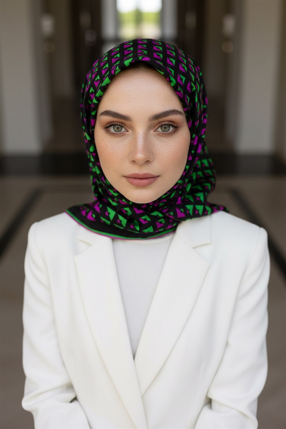 %100 Twill İpek Geometrik Desenli Fuşya - Benetton Yeşili Renkli 90x90 Eşarp Dikim Şekli : El Dikişi